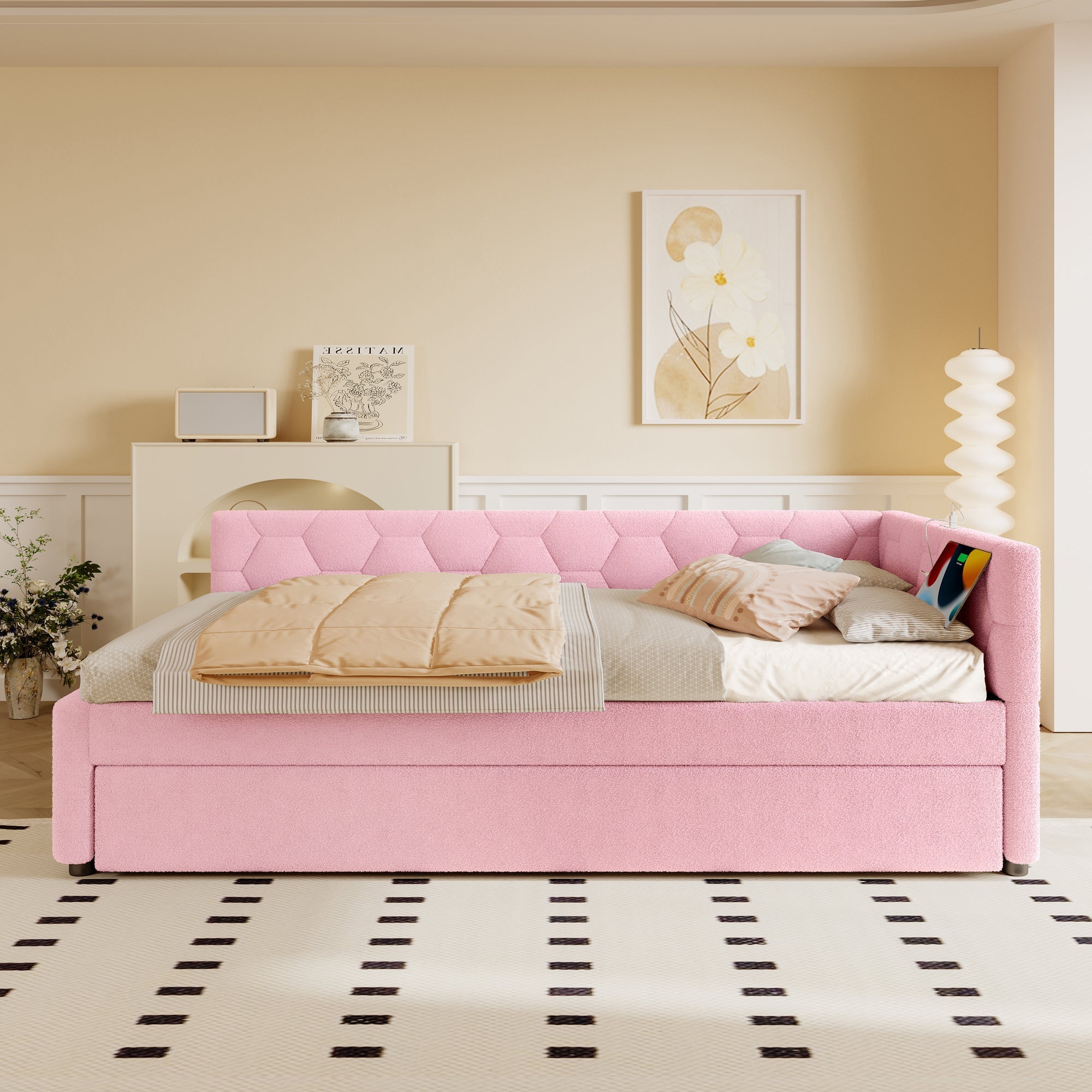 Daybed Sofa Bed 90x200cm Pull-Out Bed Bedside Lamp USB/Type-C Pink Fleece Imitation