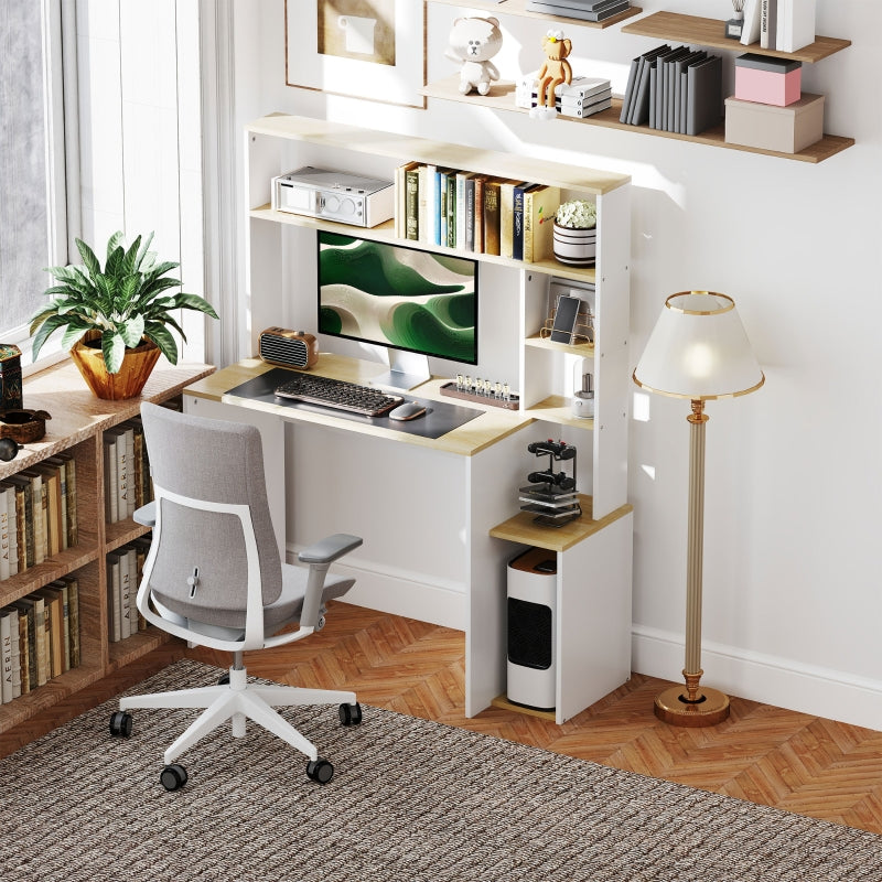 Desk, Computer Office Table with Open Shelves, CPU Stand, Steel Frame, Oak