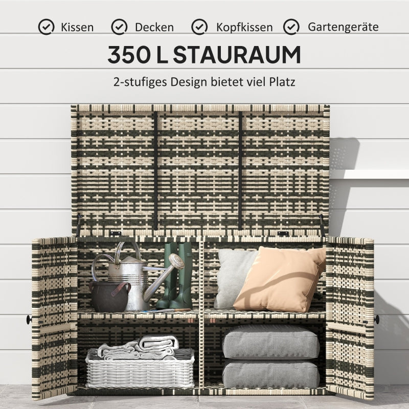 Rattan-Aufbewahrungsbox, 350L, 2-stufig, wetterfest, gemischtes Grau