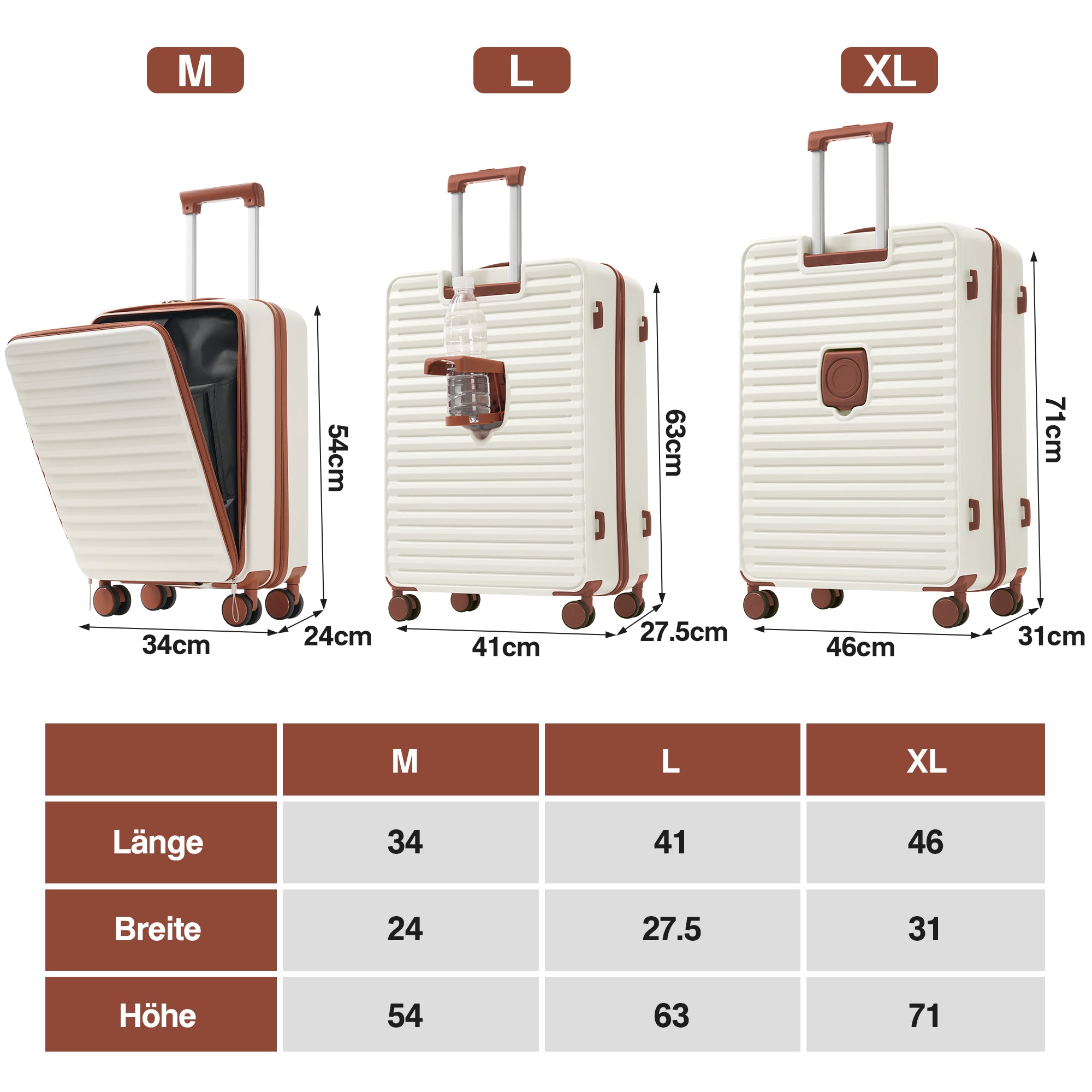 Three-piece Luggage Set - Front-Opening, Cup Holders, TSA Lock, 360° Wheels, ABS