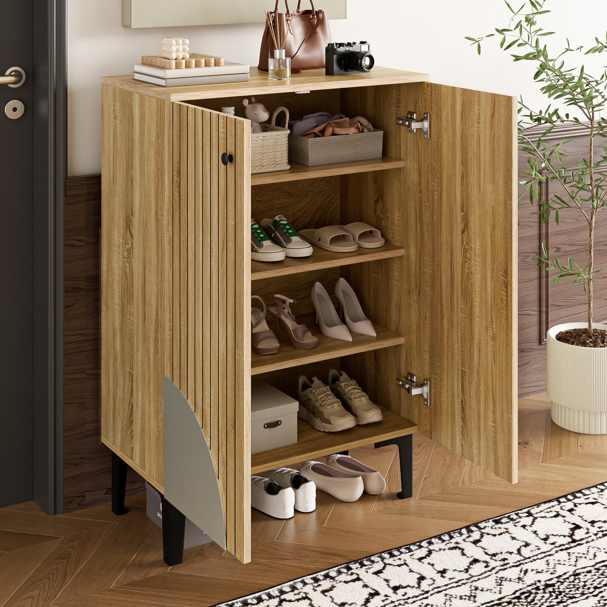 Wooden Shoe Cabinet - Space-Saving Organizer with Shelves & Storage - Black Metal Frame