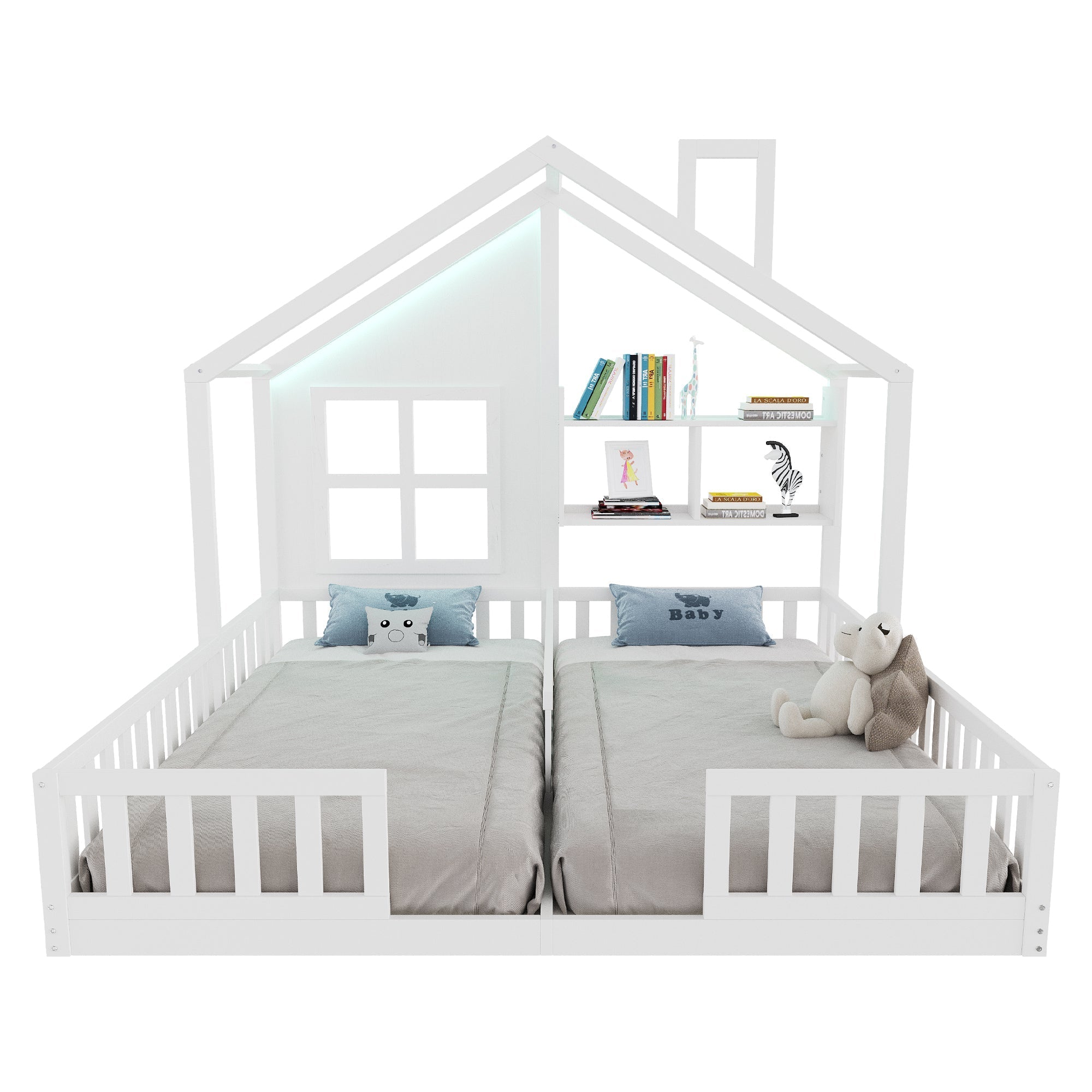 Wooden Children's Bed 90x200cm House Design LED Lighting Storage White