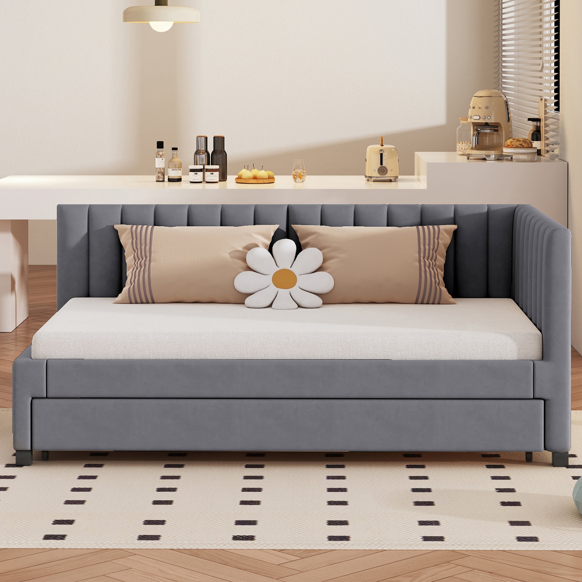 Upholstered Bed 90x200, Pull-Out Multifunctional Sofa Bed with Slatted Frame, Velvet Fabric Gray