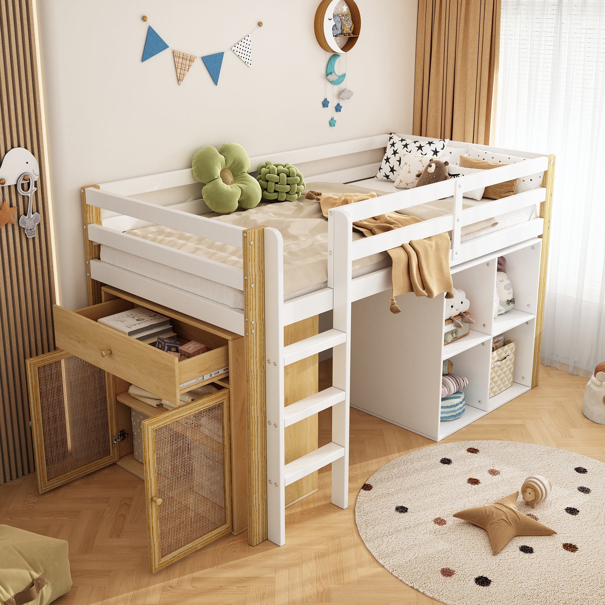 Children's Loft Bed with 2 Storage Cabinets and Ladder, Natural and White