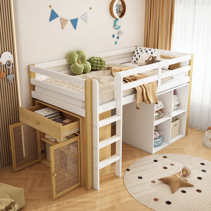 Children's Loft Bed with 2 Storage Cabinets and Ladder, Natural and White