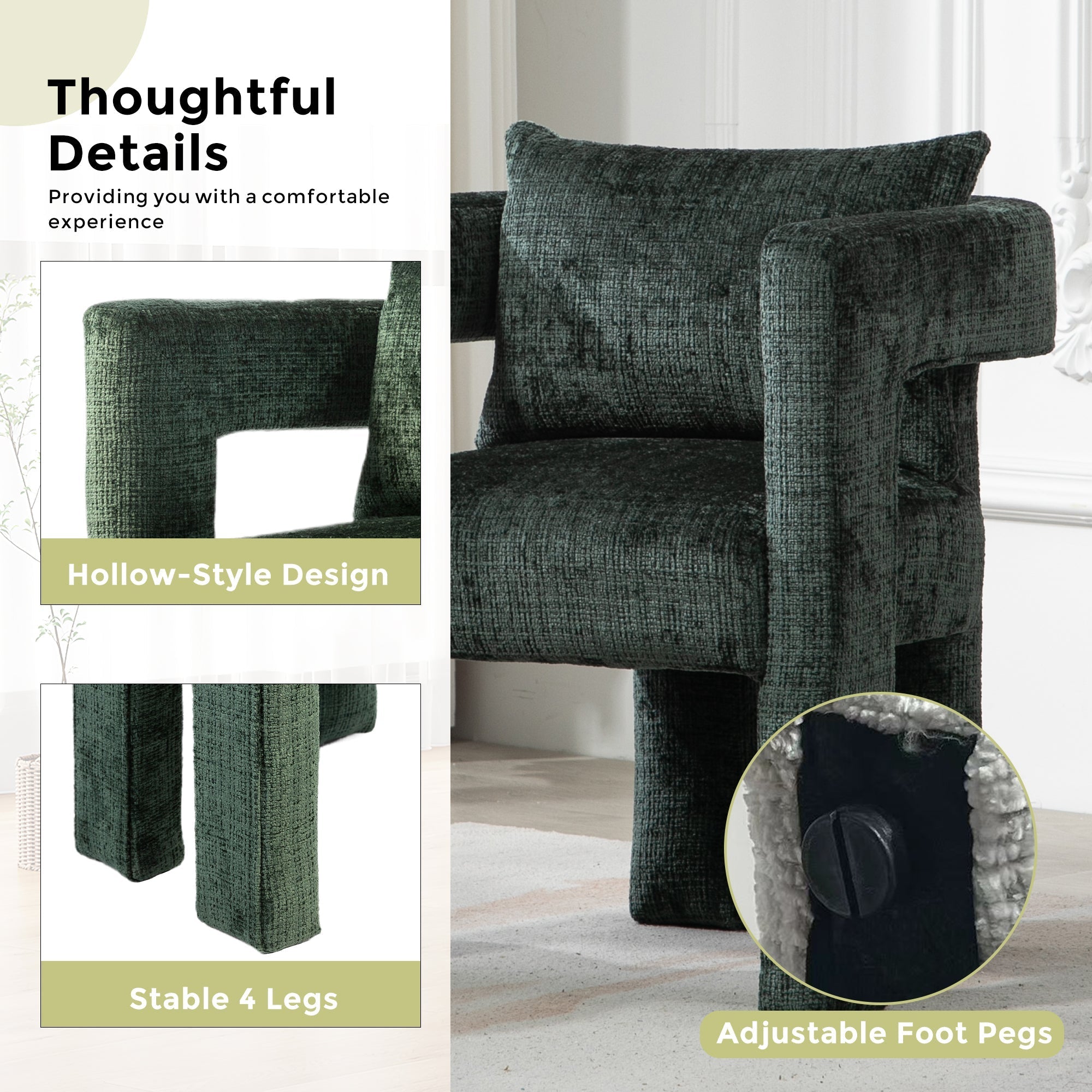 GOMYWAY Modern Chenille Lounge Chair with Hollow Armrest Design and Comfortable Cushions, Emerald (Set of 2)