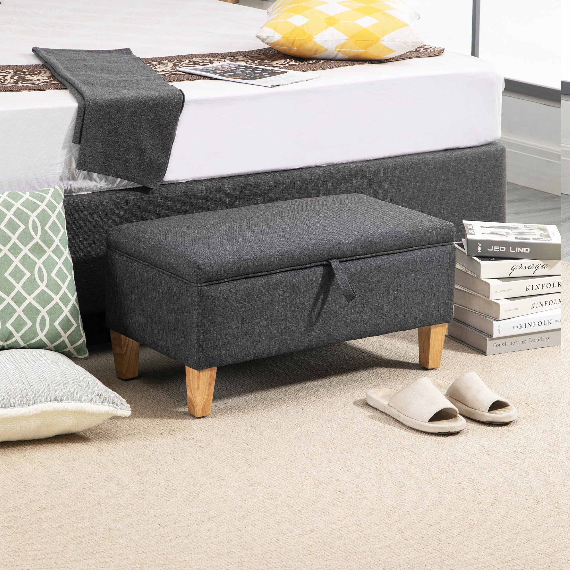 Linen Storage Ottoman Padded Footstool with Rubberwood Legs Dark Grey