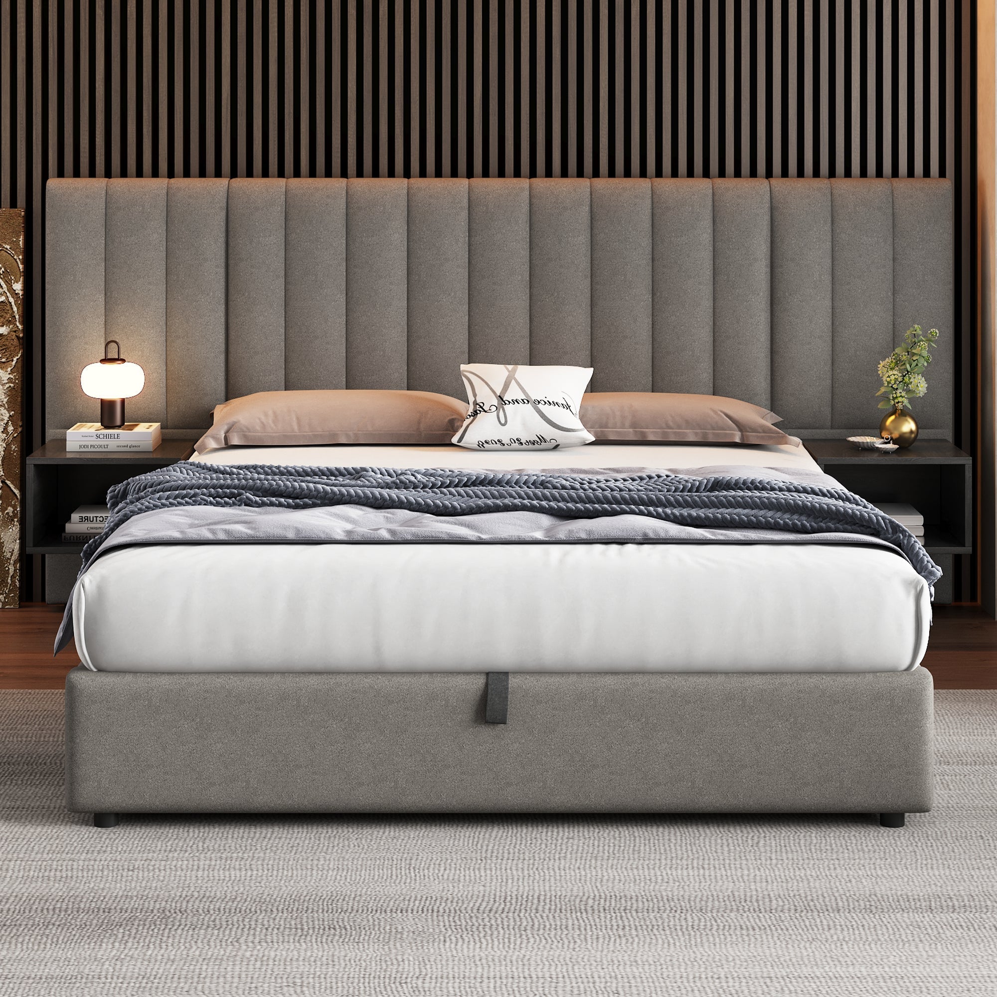 Upholstered Bed 160 x 200 cm with Hydraulic Storage and 2 Bedside Tables, Grey and Black Linen