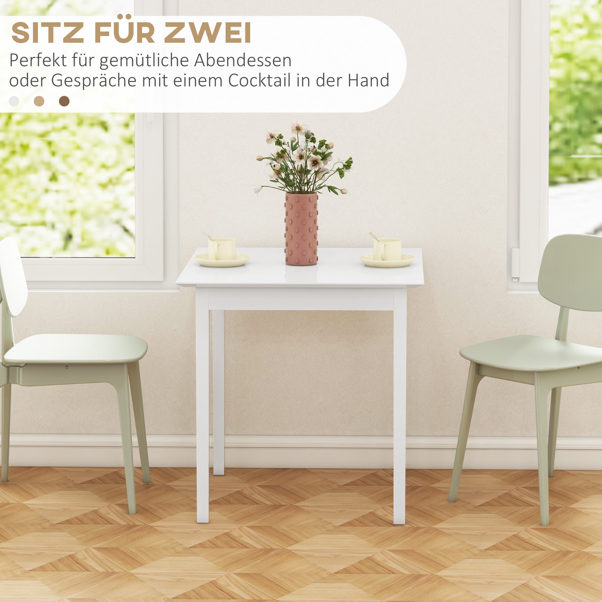 Quadratischer Esstisch für 2 Personen, 75 x 75 x 76 cm, Holz, Weiß