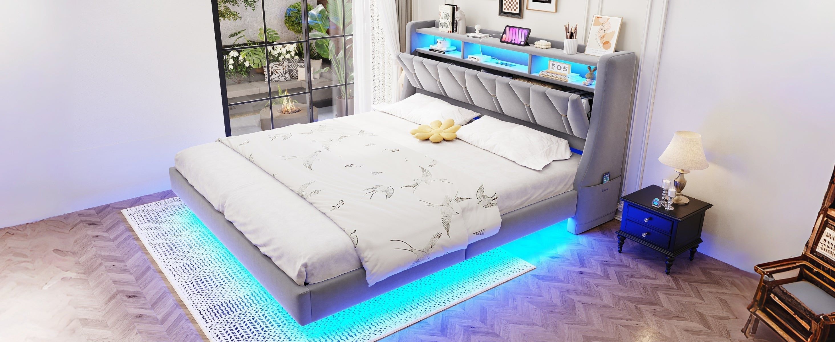 Upholstered Bed 180x200cm Hydraulic Storage Headboard with LED Socket Floating Design Light Grey Velvet