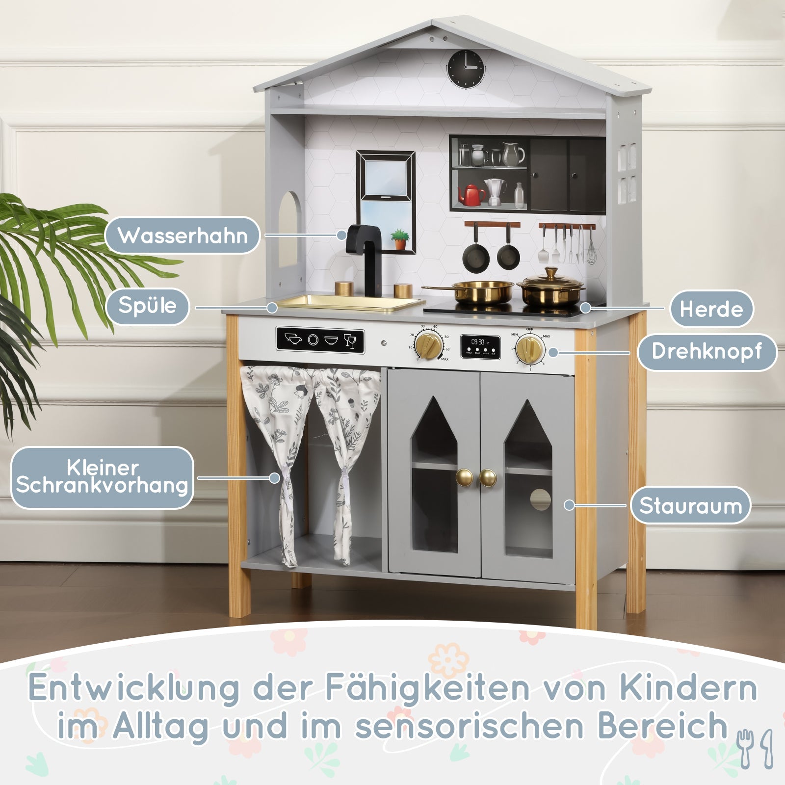 Children's Play Kitchen with Creative House Design and Accessories, Wood and Plastic, Grey
