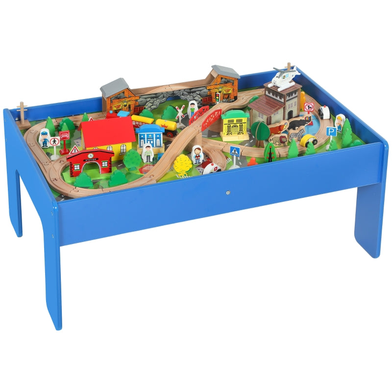 Play Table 108-Piece Wooden Train Set Removable Tabletop - Blue