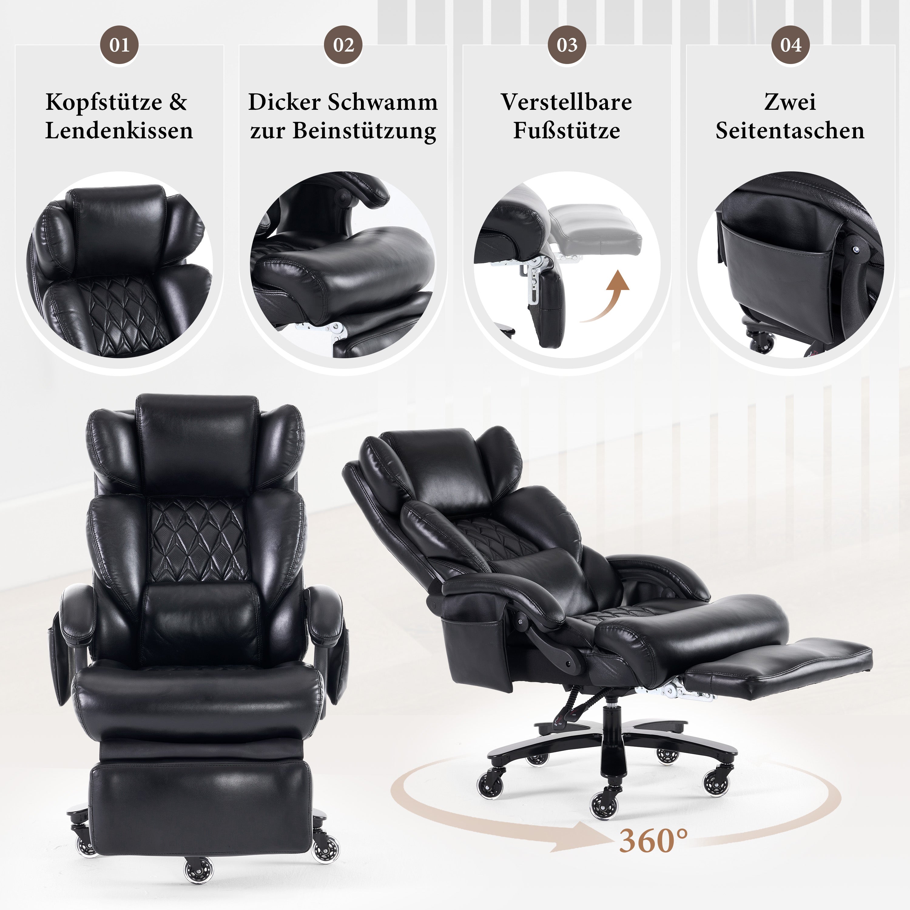 XXL Executive Office Chair - Massage Heat Footrest Adjustable Backrest 150kg - PU Leather Black