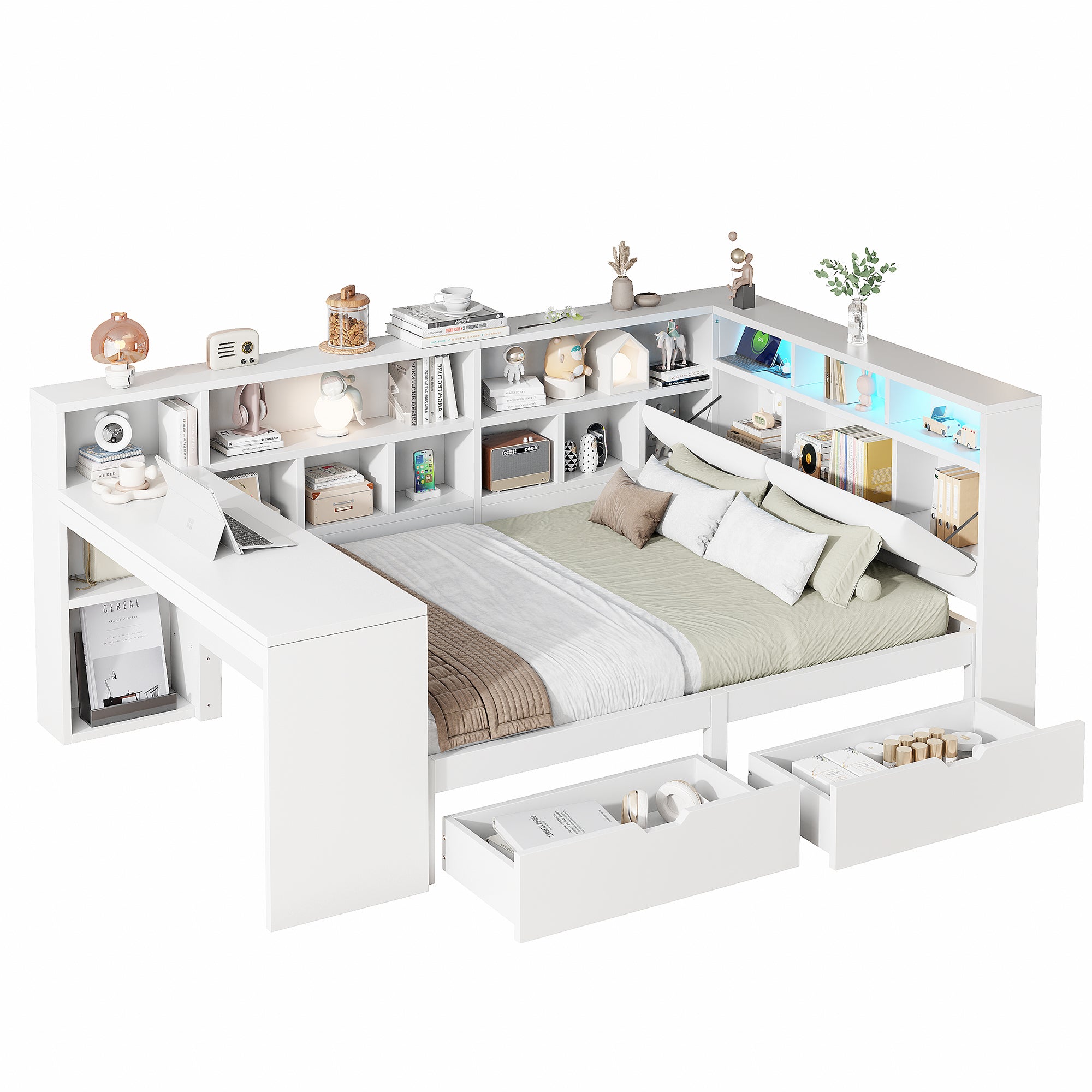 L-shaped Platform Bed 140x200 with Desk Bookshelf Upholstered Headboard Drawers LED Light White Wood