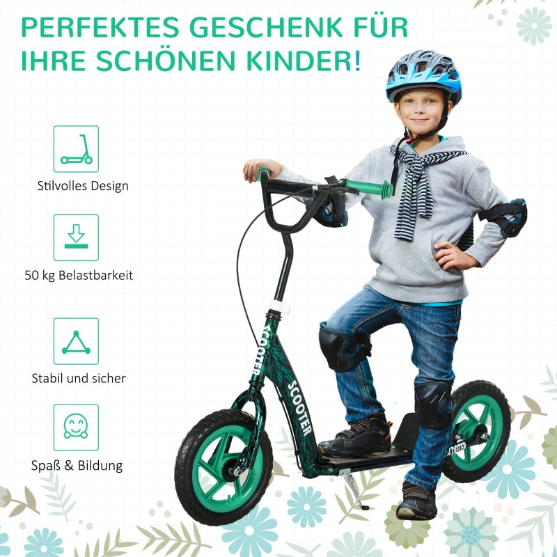 Children's Kick Scooter with Height-Adjustable Handlebar, Brake and Stand, Green Steel