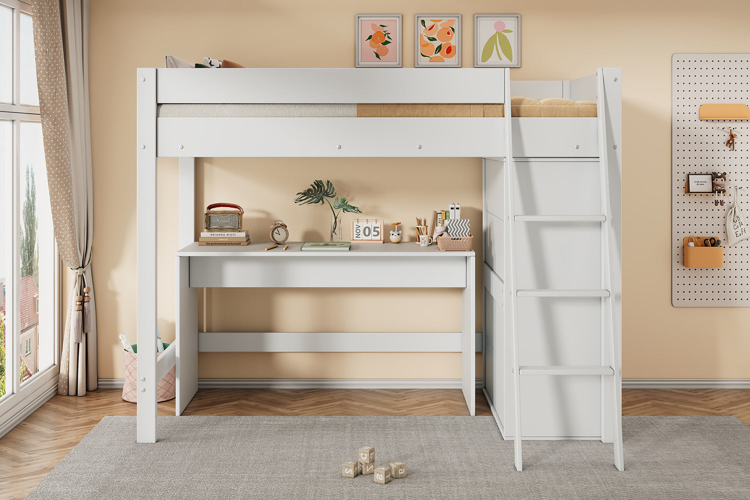 Children's Loft Bed 90x200cm Multifunctional Desk Wardrobe Solid Wood - White