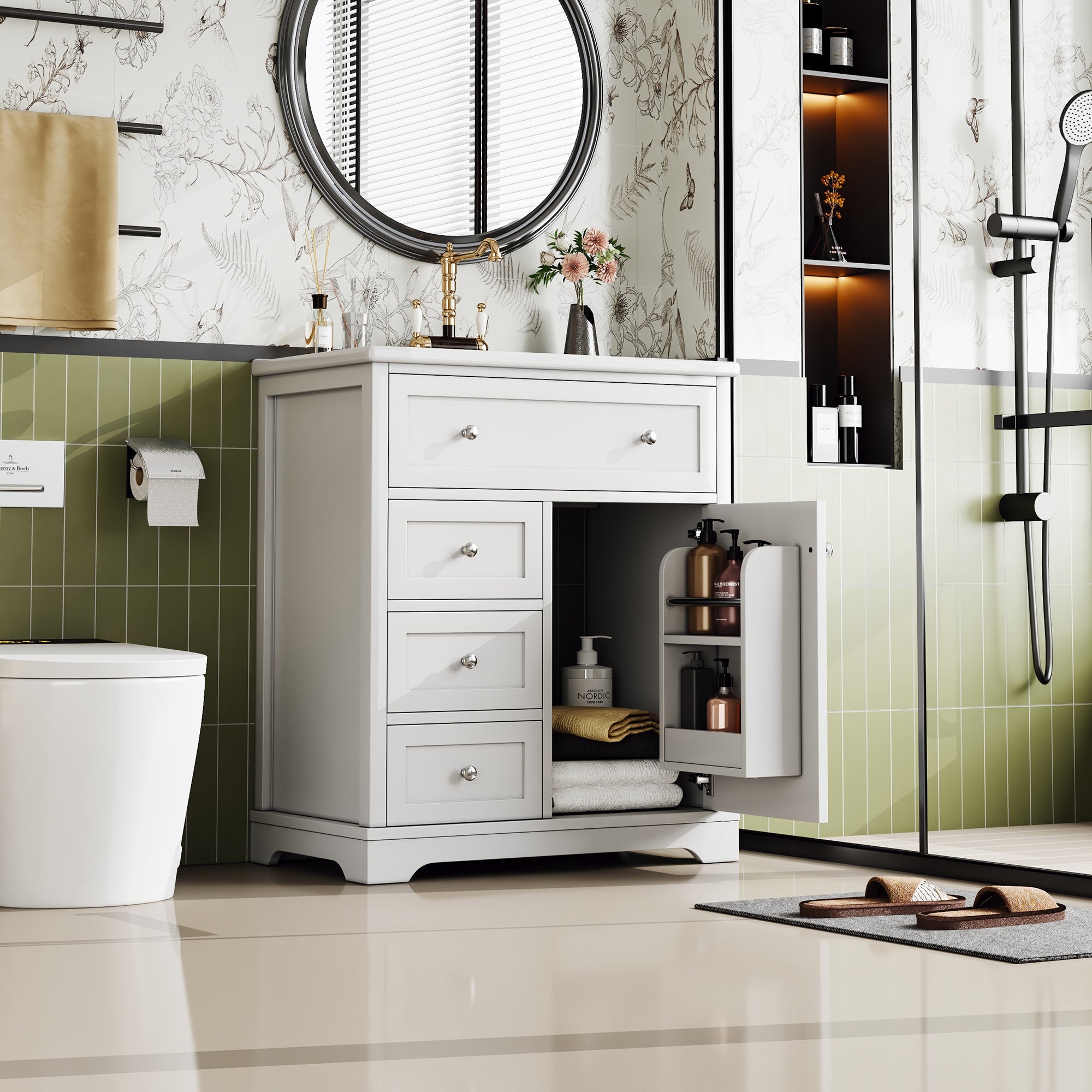Bathroom Vanity Unit with Ceramic Sink and Drop-down Drawer, White