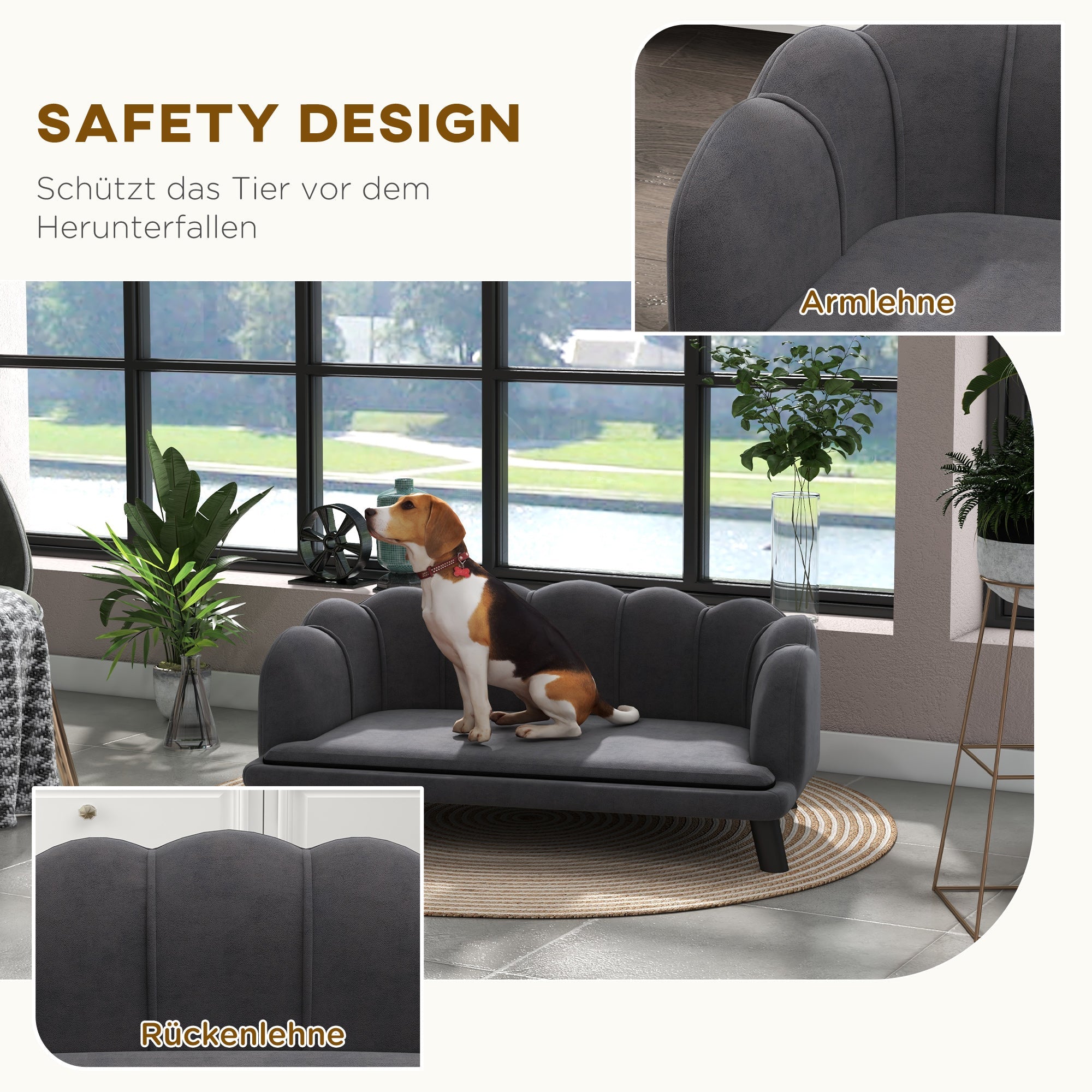 Luxury Dog Sofa, Backrest, Wooden Legs, Dark Grey