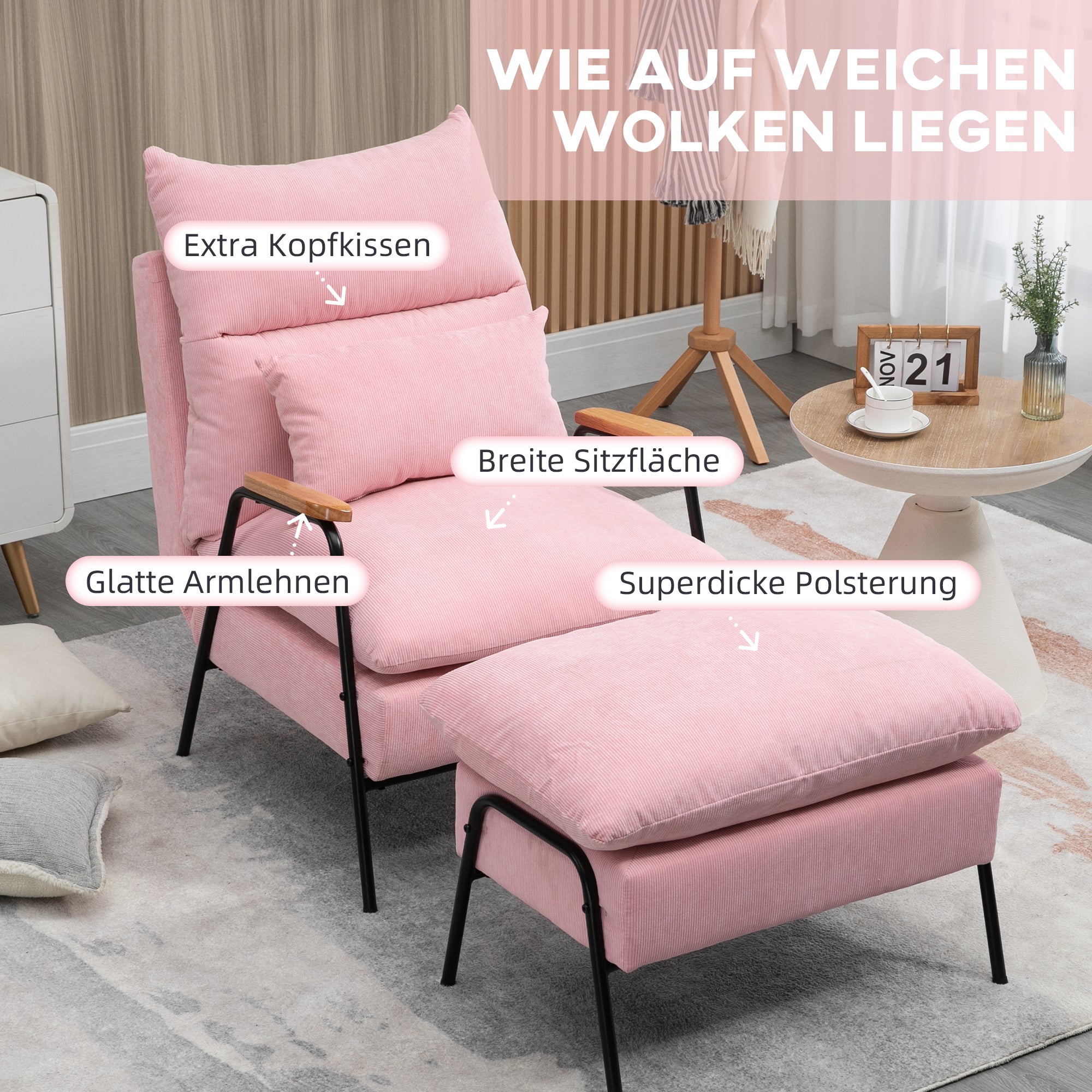 Wingback Chair with Footstool, Reclining, Pink