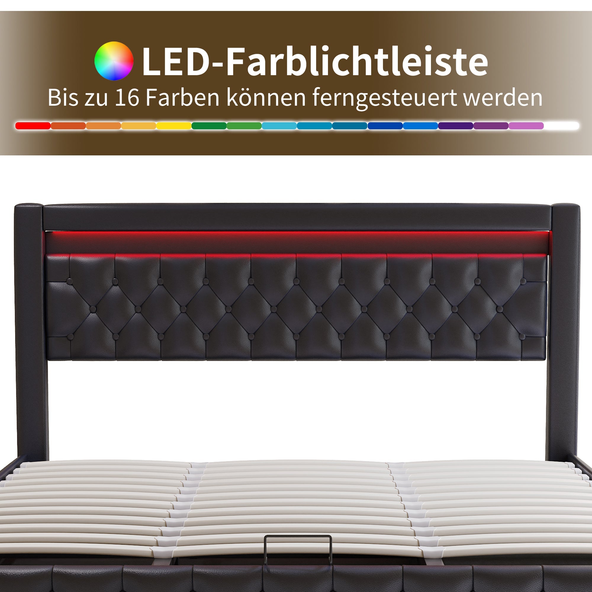 Upholstered Bed 180x200cm, Double Storage Bed with Drawers and LED Light Strip, Black PU