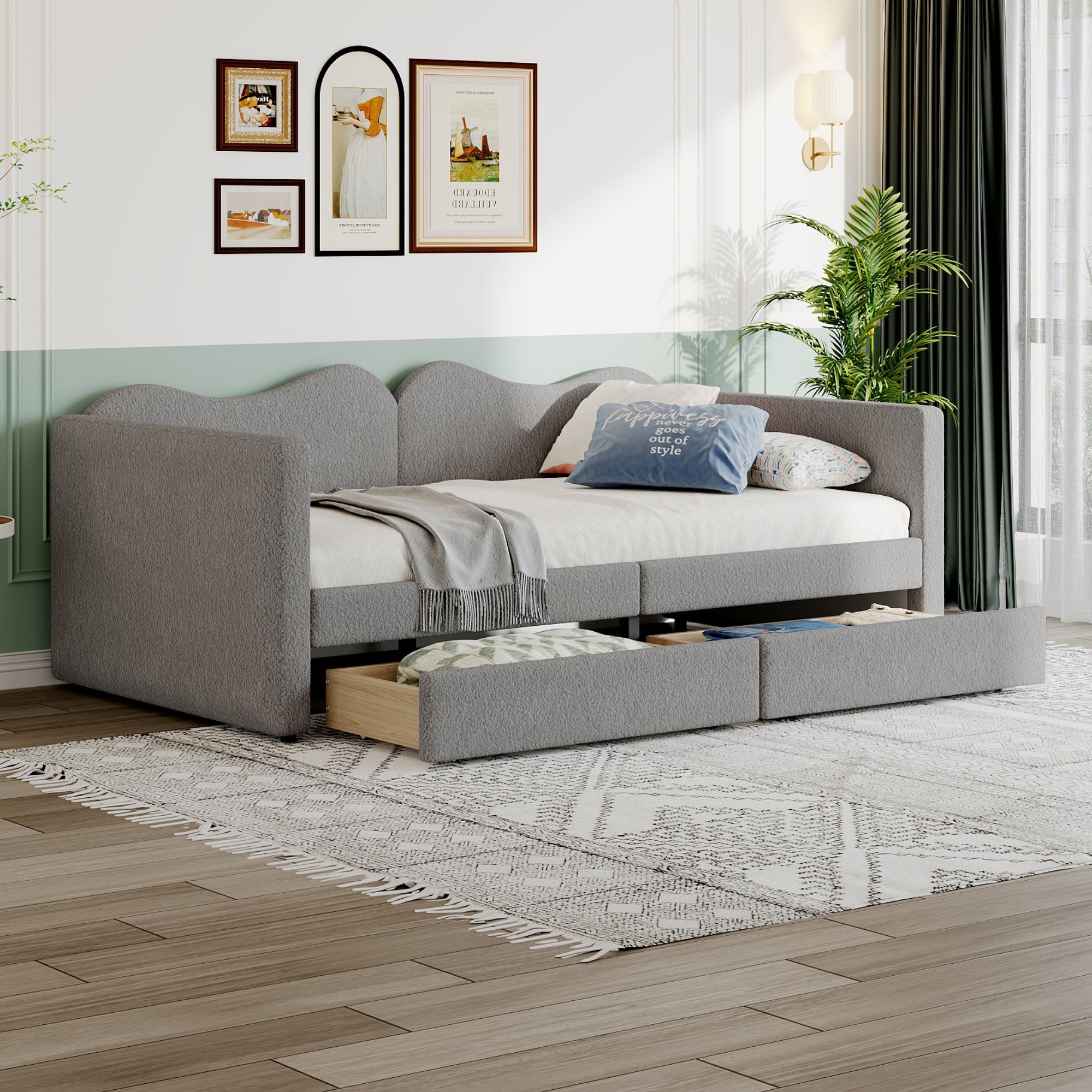 Children's Bed, Upholstered Sofa Bed with 2 Drawers, Teddy Bear Fabric, Gray