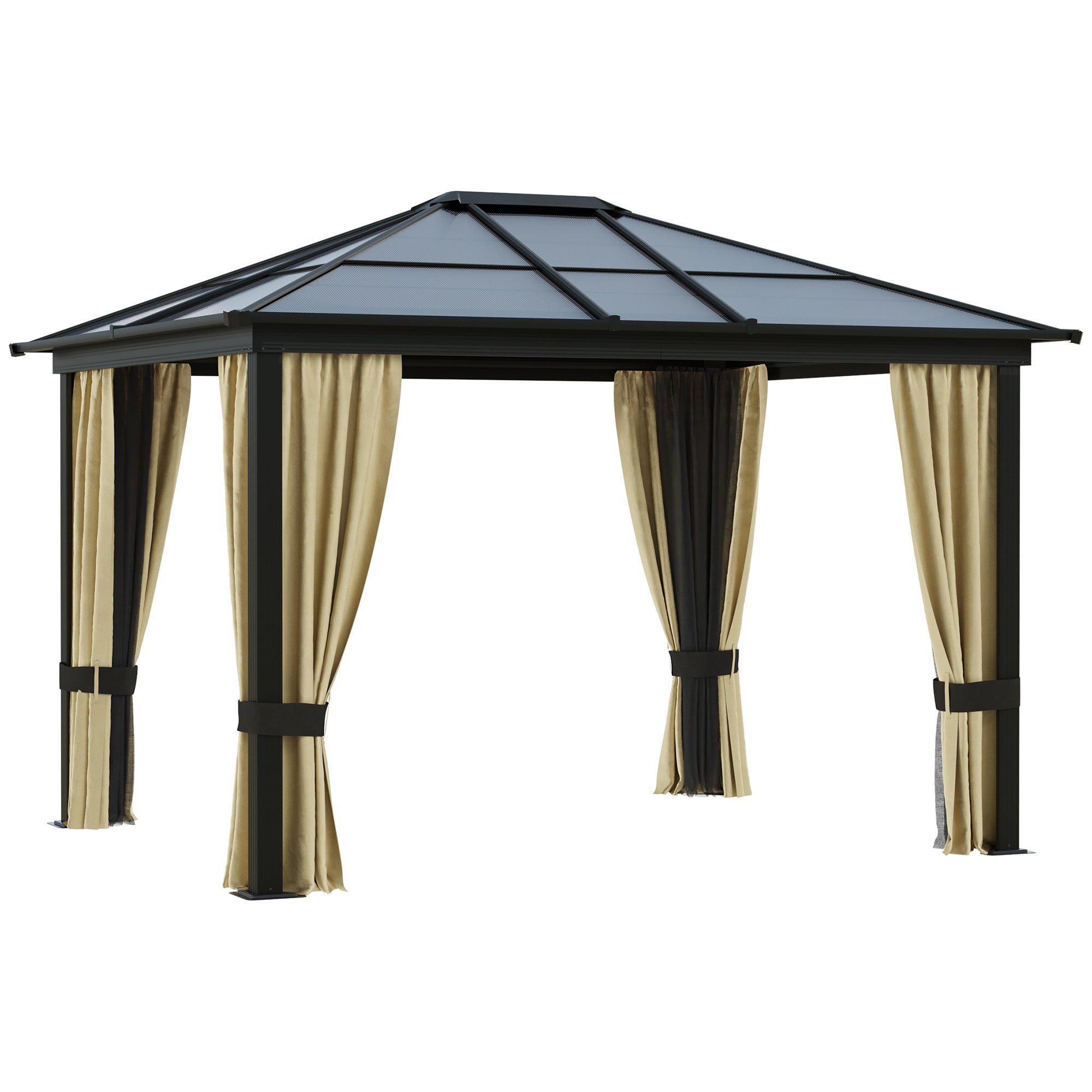3 x 3.6m Hardtop Gazebo Canopy with Polycarbonate Roof and Netting, Aluminium Frame, Brown