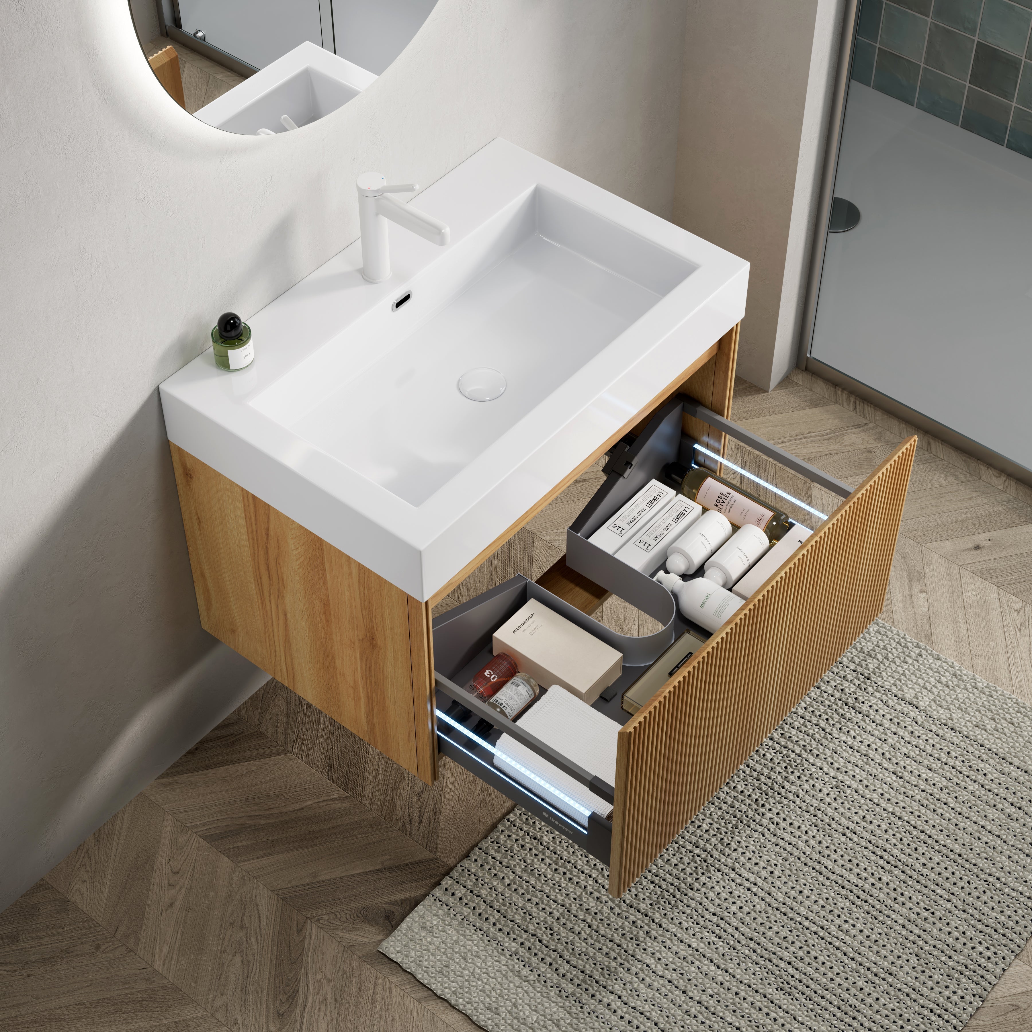 Wall-Mounted Bathroom Vanity Unit with Integrated Basin and Single Drawer, Natural Wood Grain Plywood