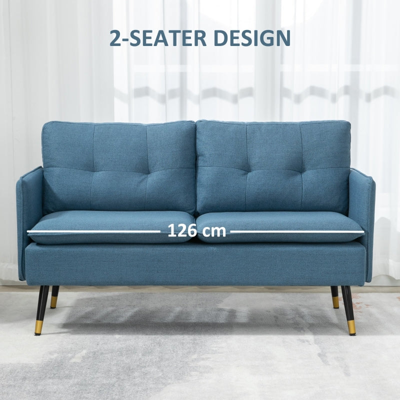 Modern Two Seater Sofa, Button Tufted Loveseat with Steel Legs, Dark Blue