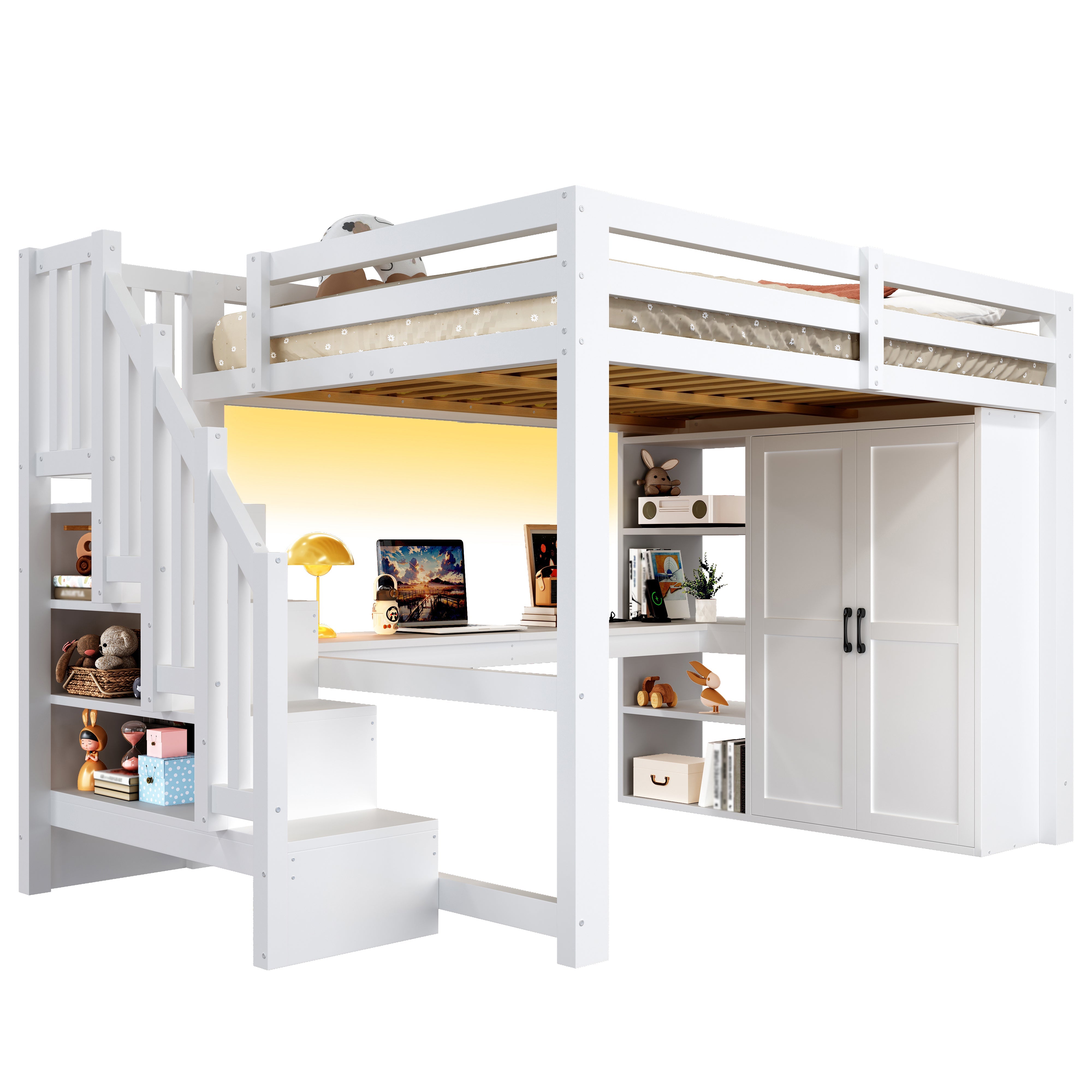 140x200 Loft Bed with Desk, Shelf, Wardrobe, Storage Stairs, USB and LED Lights, White