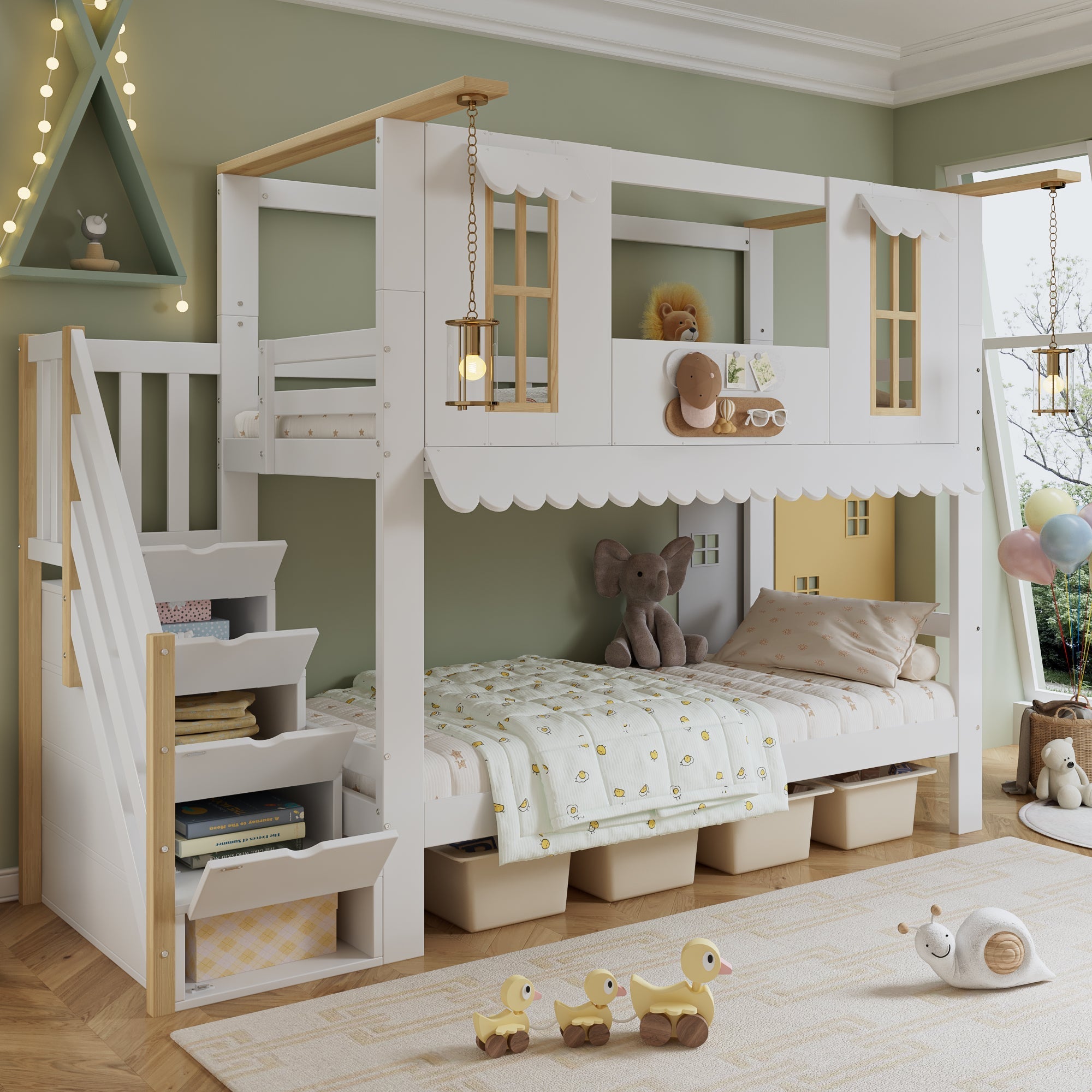 Bunk bed, children's bed with storage stairs, exquisite windows, wavy roof edge, white + natural