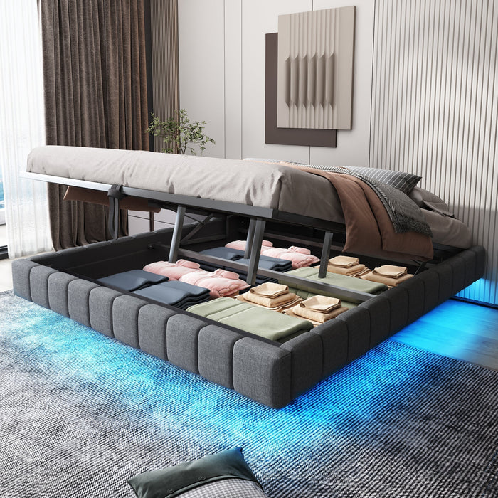 Upholstered Bed 180x200cm Hydraulic Storage LED Light Floating Frame, Linen Grey
