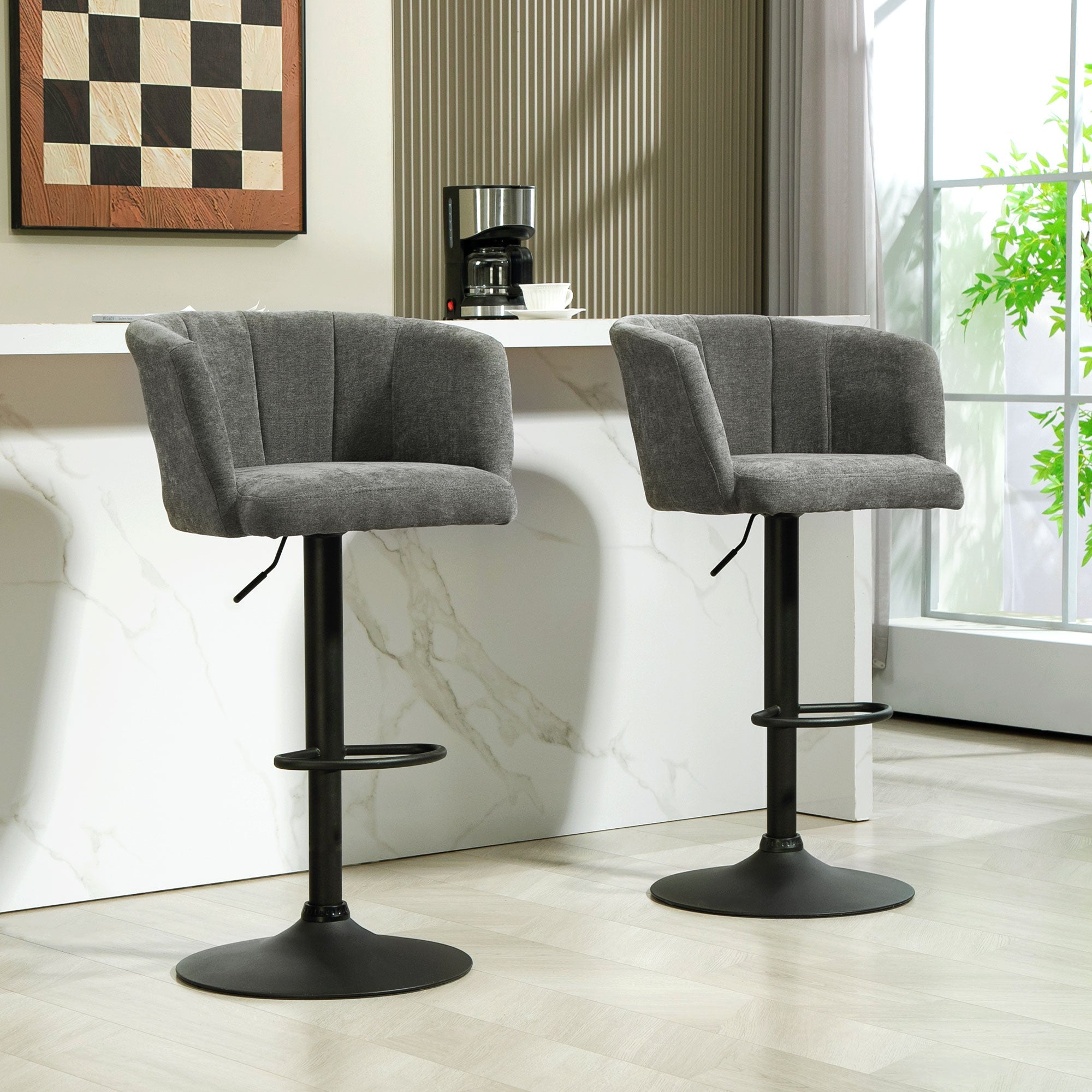 Set of 2 Bar Stools, Swivel Height-Adjustable with Footrest, Linen Dark Grey