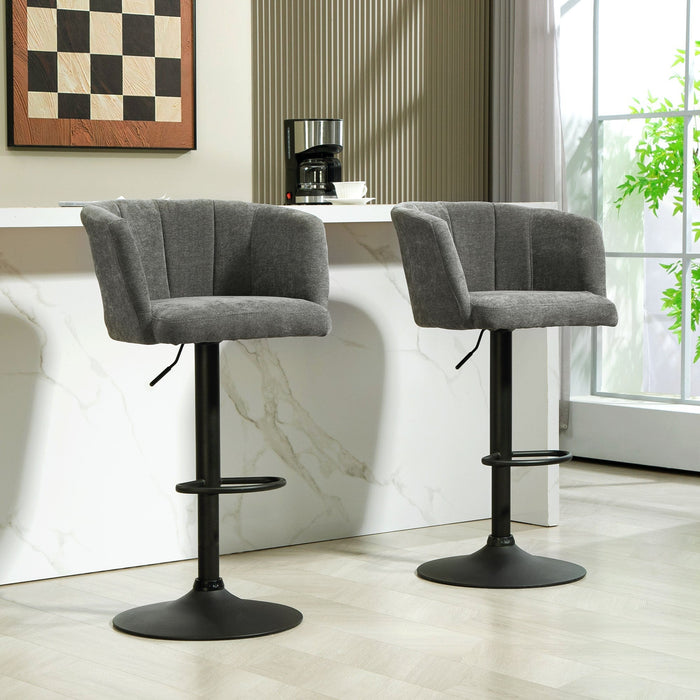Set of 2 Bar Stools, Swivel Height-Adjustable with Footrest, Linen Dark Grey