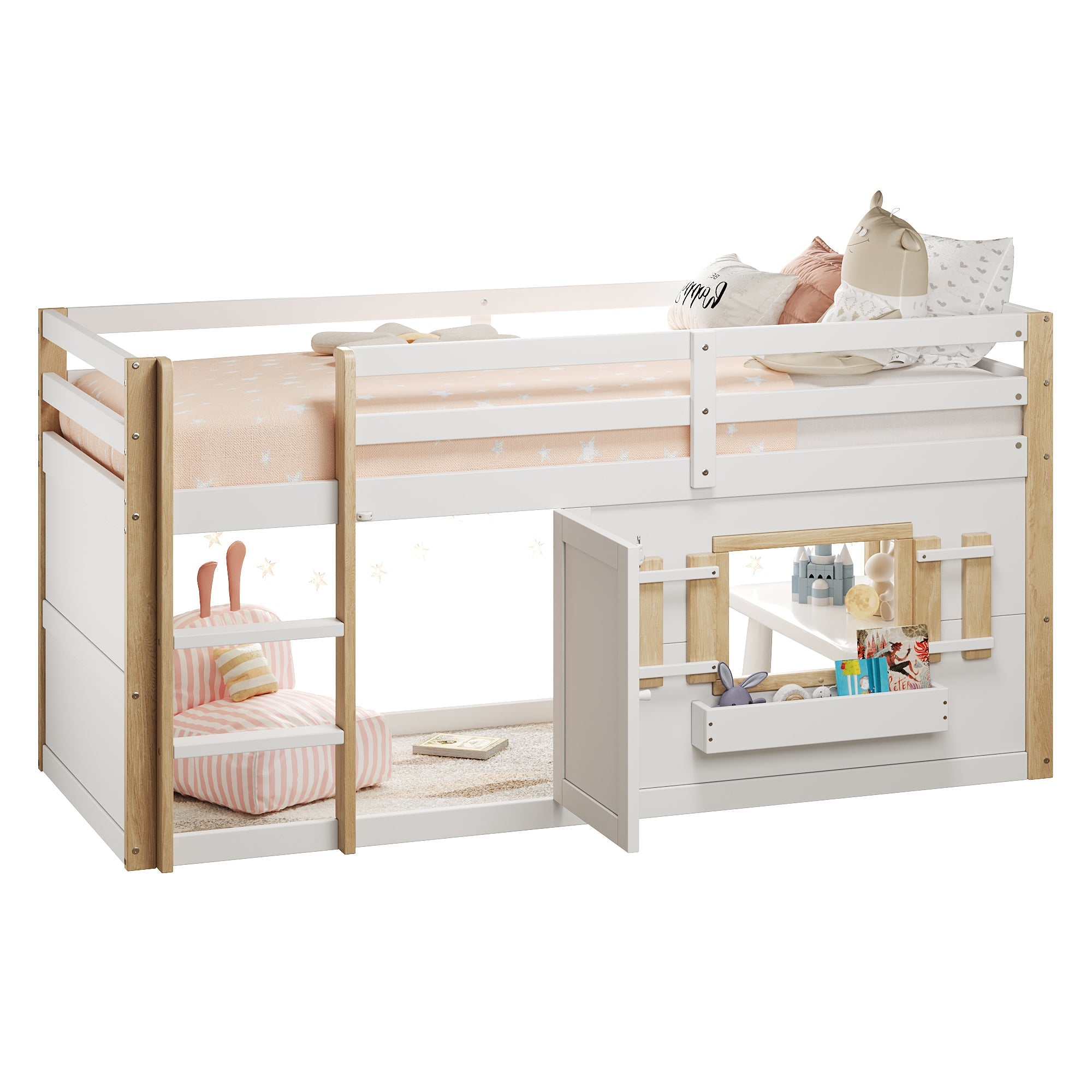 Children's Bunk/Loft Bed Multifunctional with Ladder & Play Area, White
