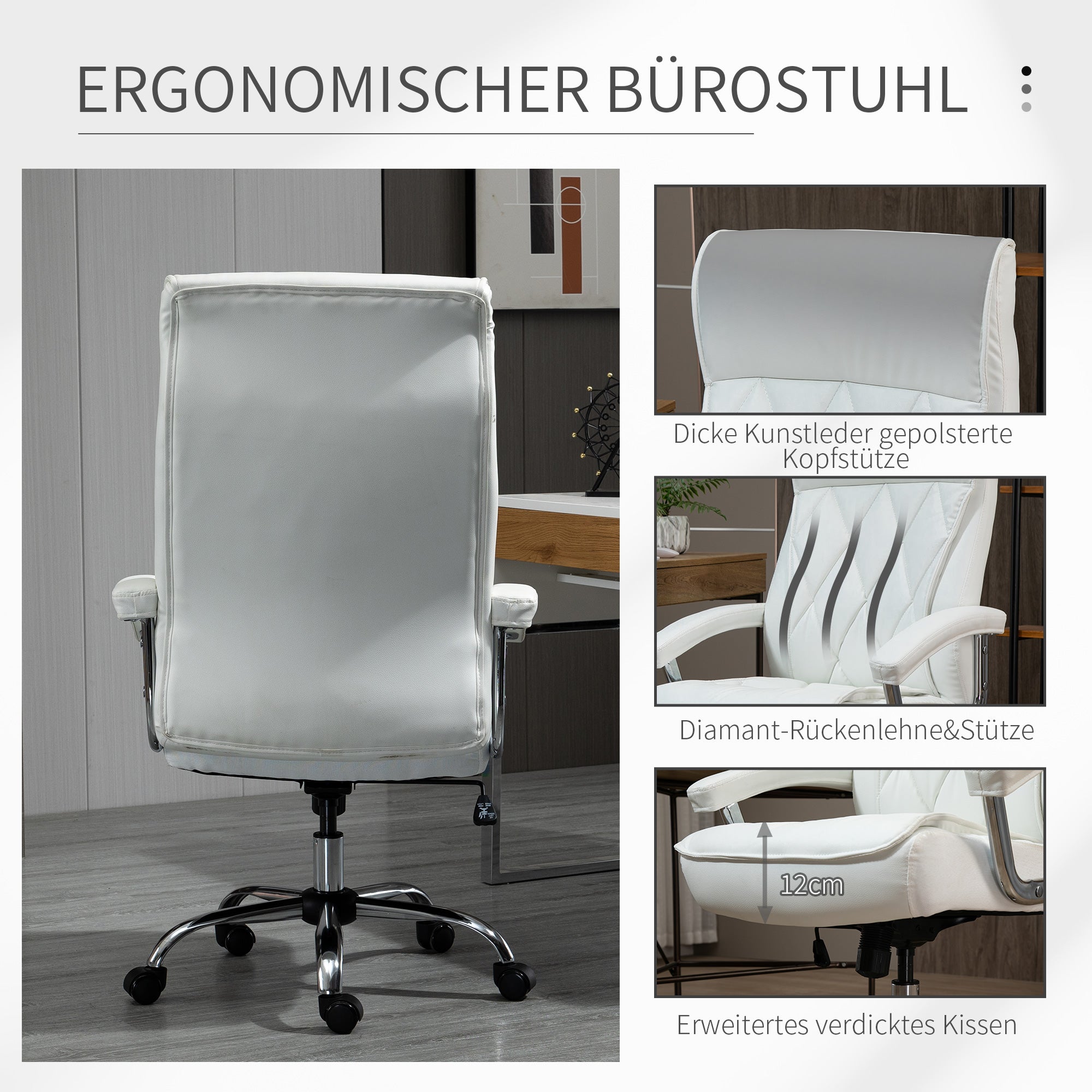 Vinsetto Office Chair, Ergonomic Swivel Rocker, Faux Leather White