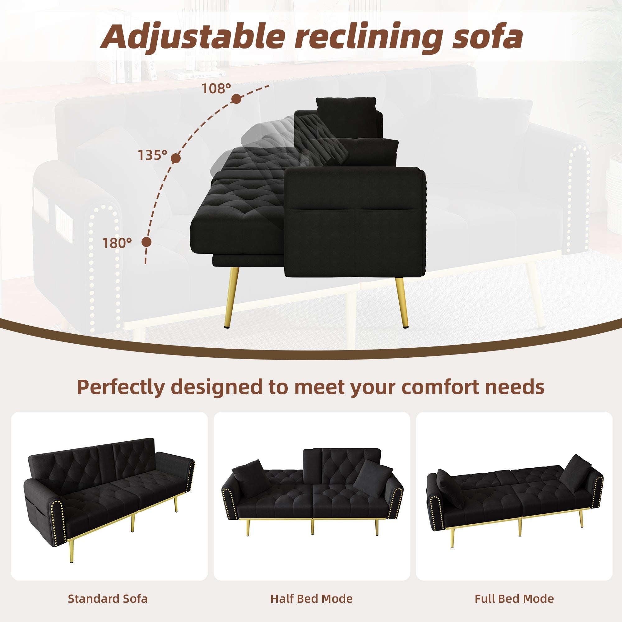 Double Sofa Bed Reclining 3 Angles Cup Holders - Fabric Black