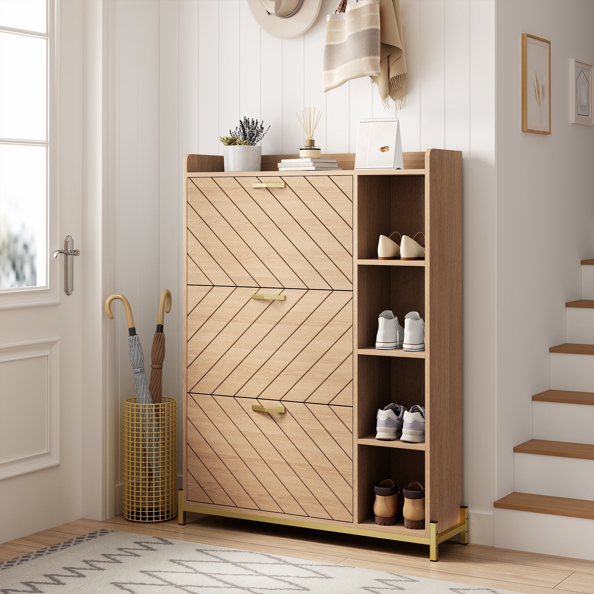 Nordic Style Shoe Cabinet with 3 Doors, Hinged Lid and Side Shelves, Oak Grain