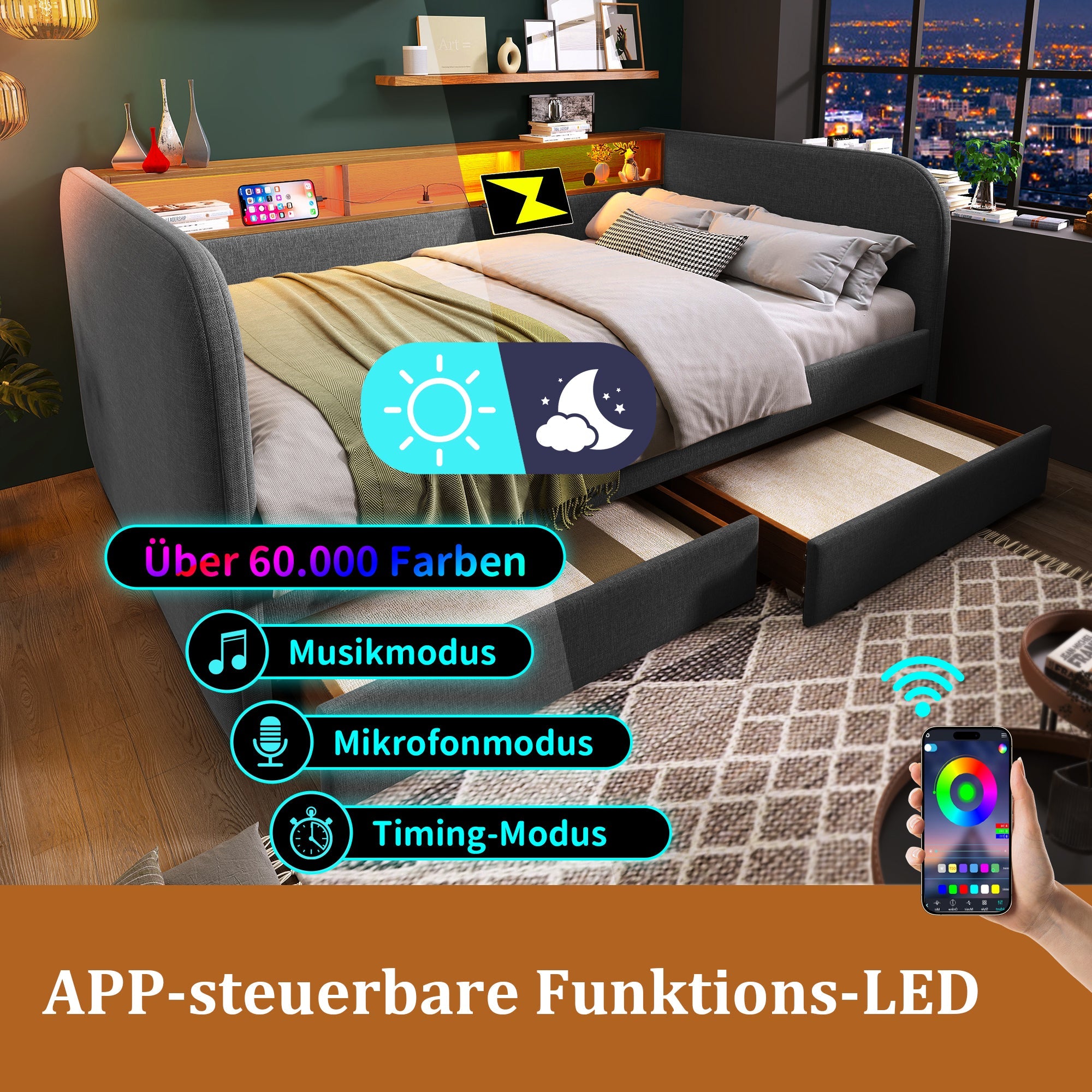 Upholstered Daybed, 140x190cm Sofa Bed with LED, USB-C & Storage, Grey Linen