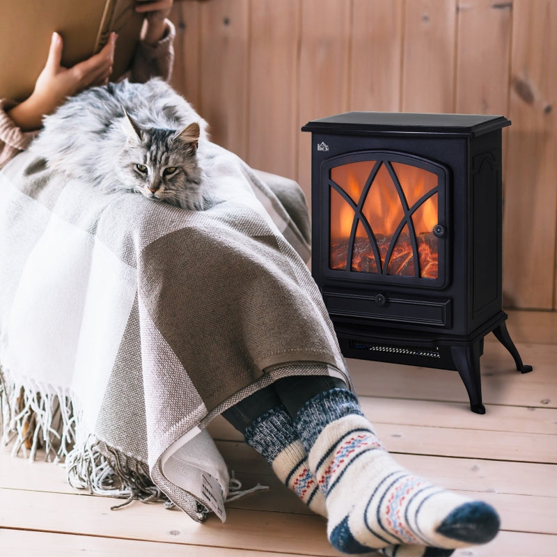Electric Stove Heater, Realistic Flame Effect 2000W Portable Freestanding with Adjustable Thermostat, Black