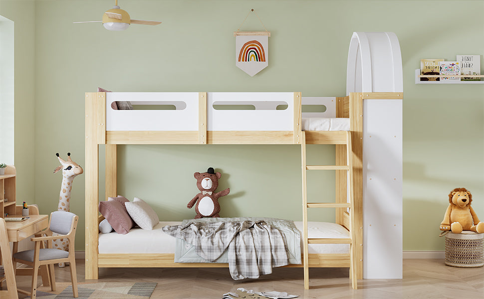 Bunk Bed 90x200cm 3-Tier Shelf Ladder Slatted Base - White/Natural Pine