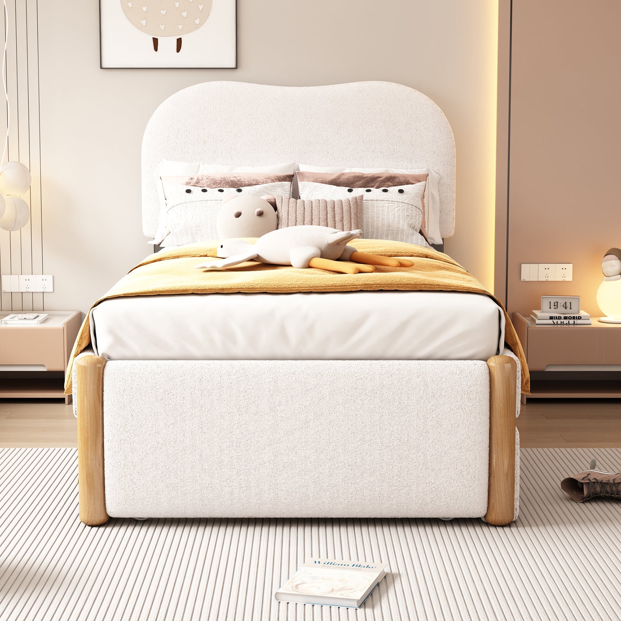 Upholstered Flat Bed with Pull-Out Trundle, 90x200cm, White Velvet