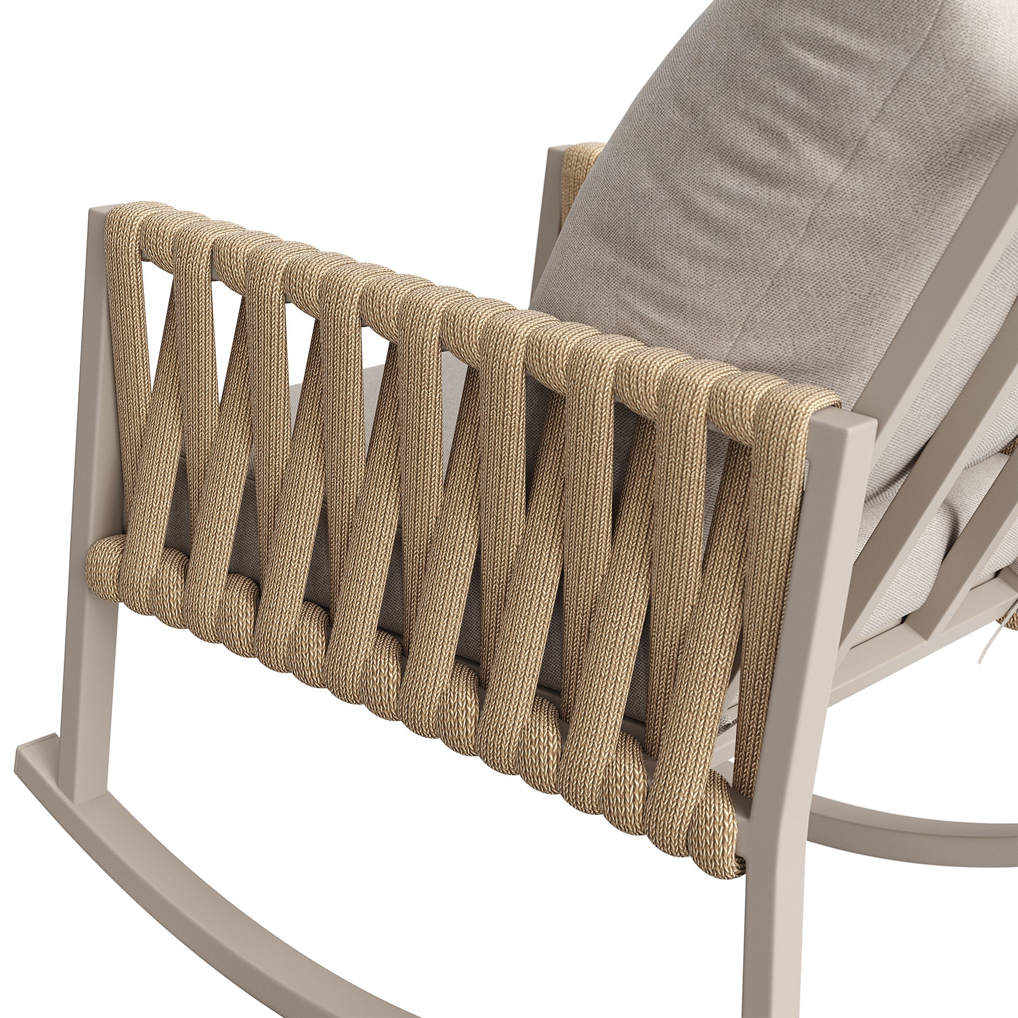Outdoor Rocking Chair with Cross-Rope Weaving and Cushions, Weatherproof Metal Frame