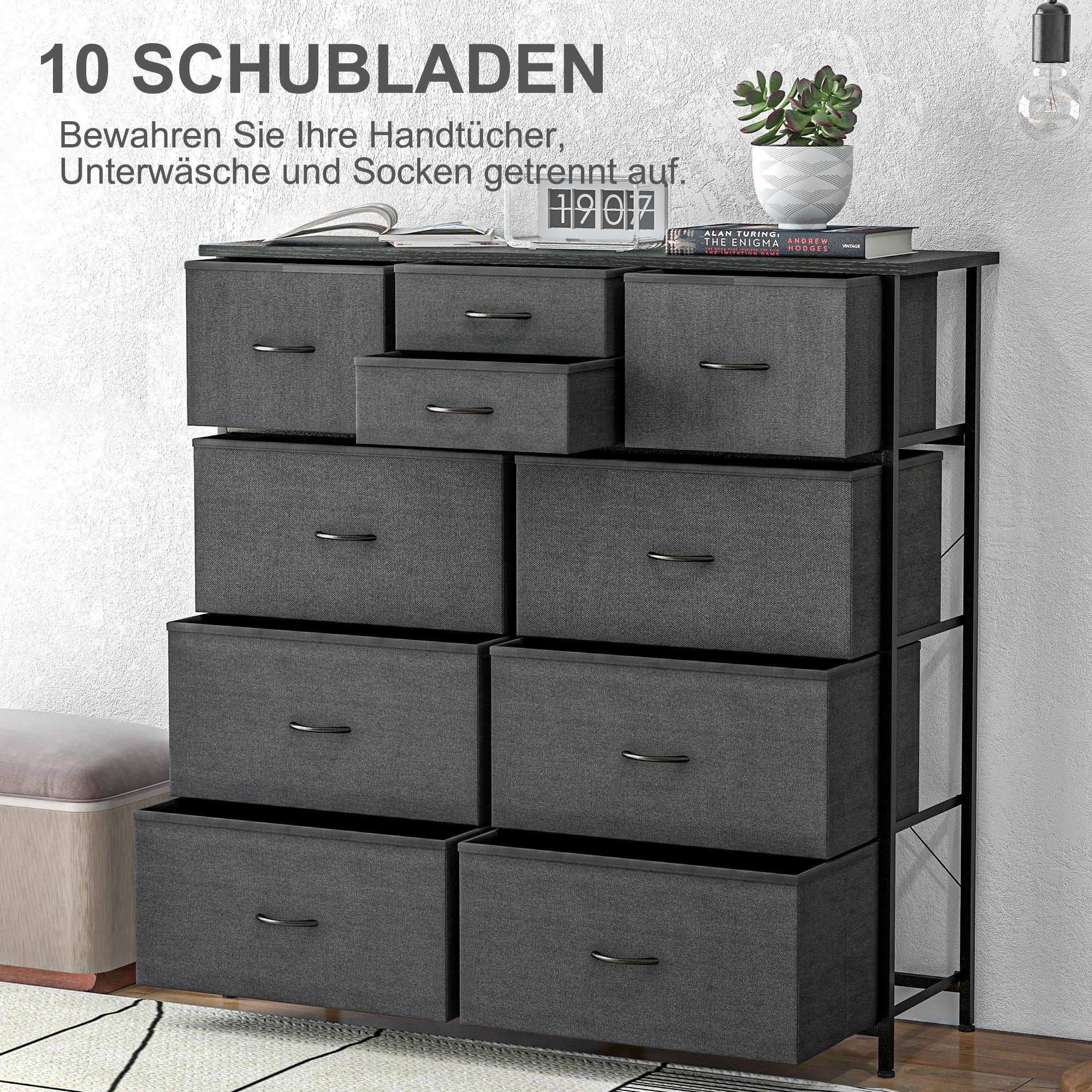 Chest of Drawers/Sideboard, 10 Foldable Fabric Drawers, Steel Black