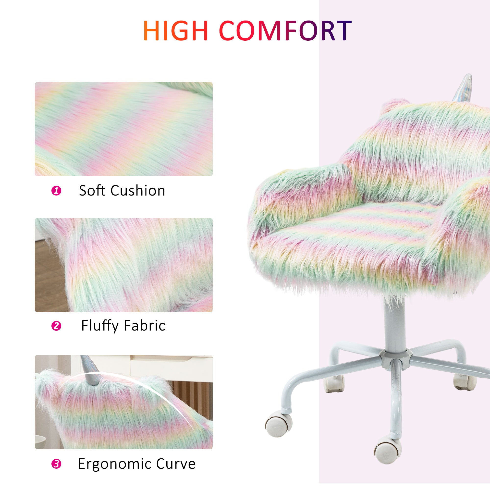 Unicorn Office Chair, Height Adjustable Fluffy Desk Chair, Multicolor Polyester