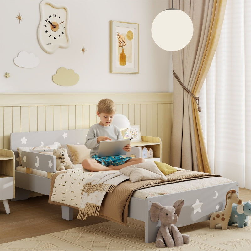 Kids Toddler Bed Star Moon Patterns Side Rails Grey
