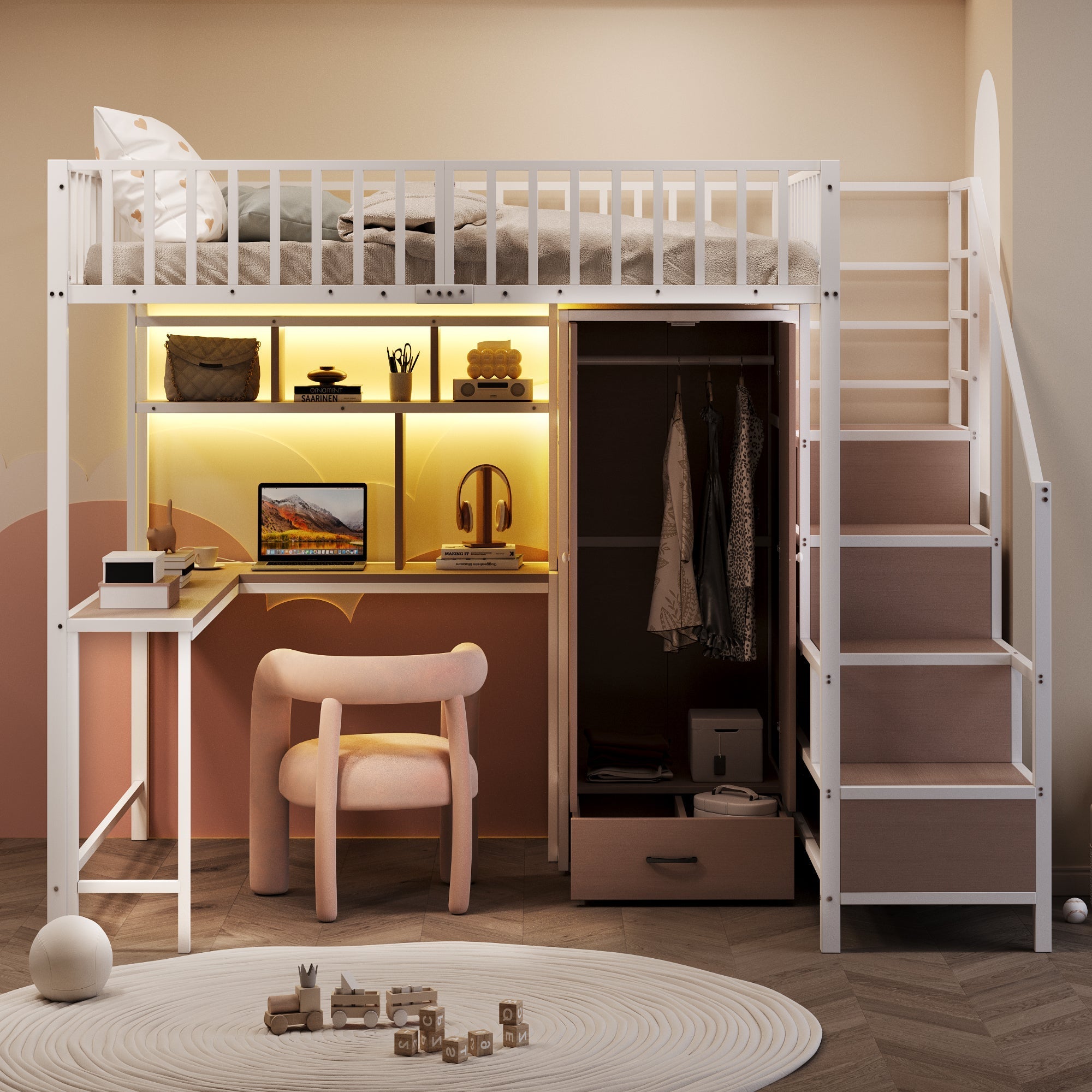 Metal Loft Bed 140 x 200 cm with Desk, Wardrobe, Storage Ladder and LED, White Metal Frame