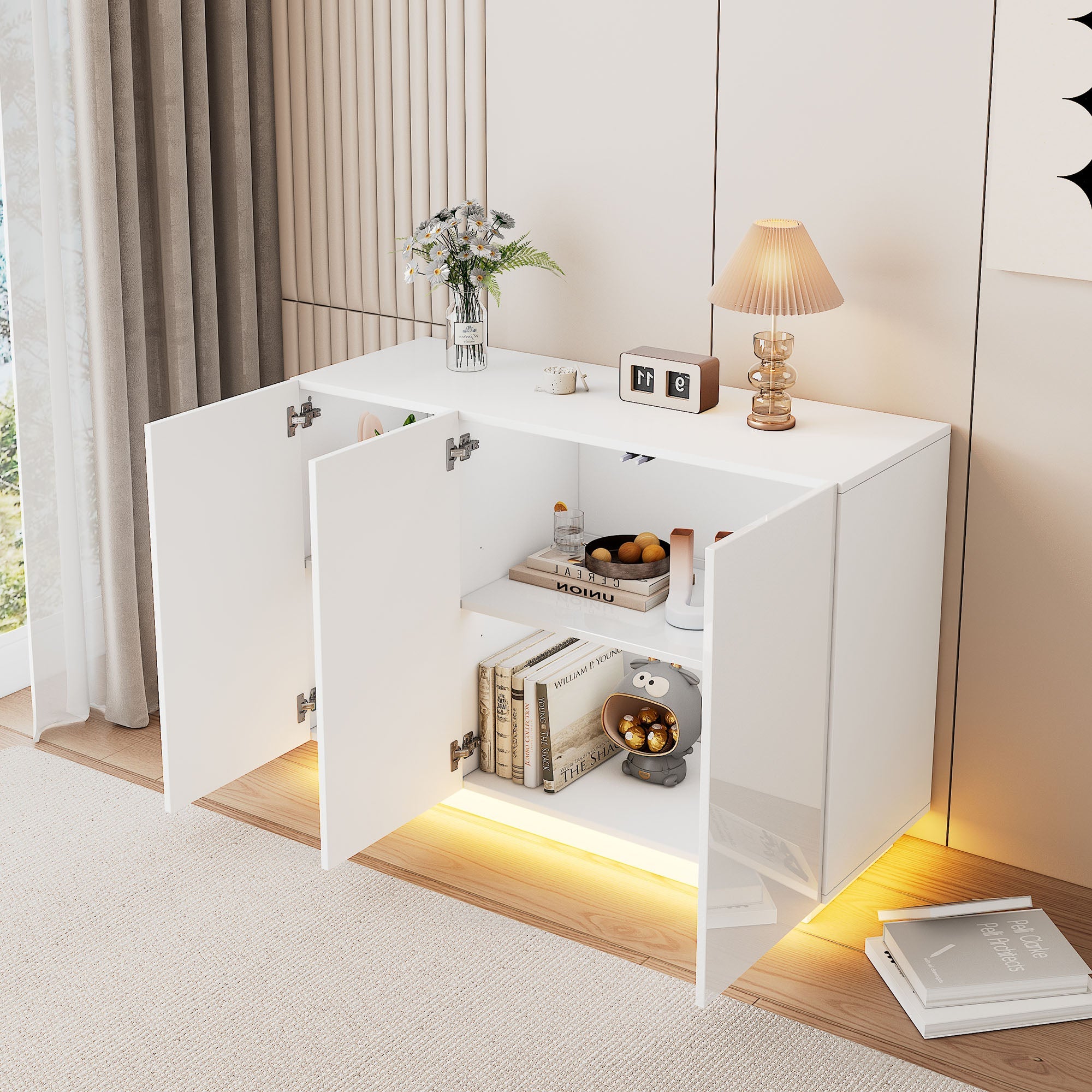 Dining Room Cabinet Sideboard, Open/Closed Storage LED Light, 120x40x75CM, White High-Gloss