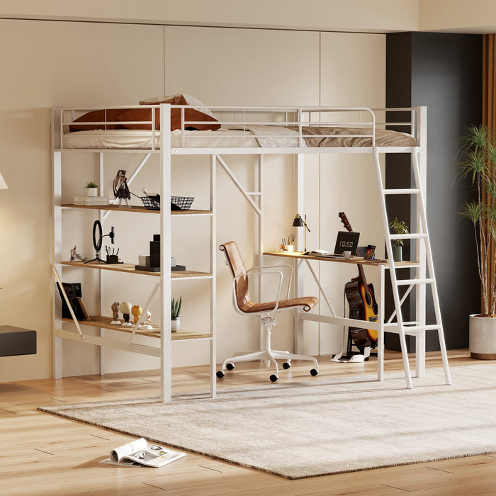 Loft Bed 90x200cm with Desk 3 Shelves - White Metal