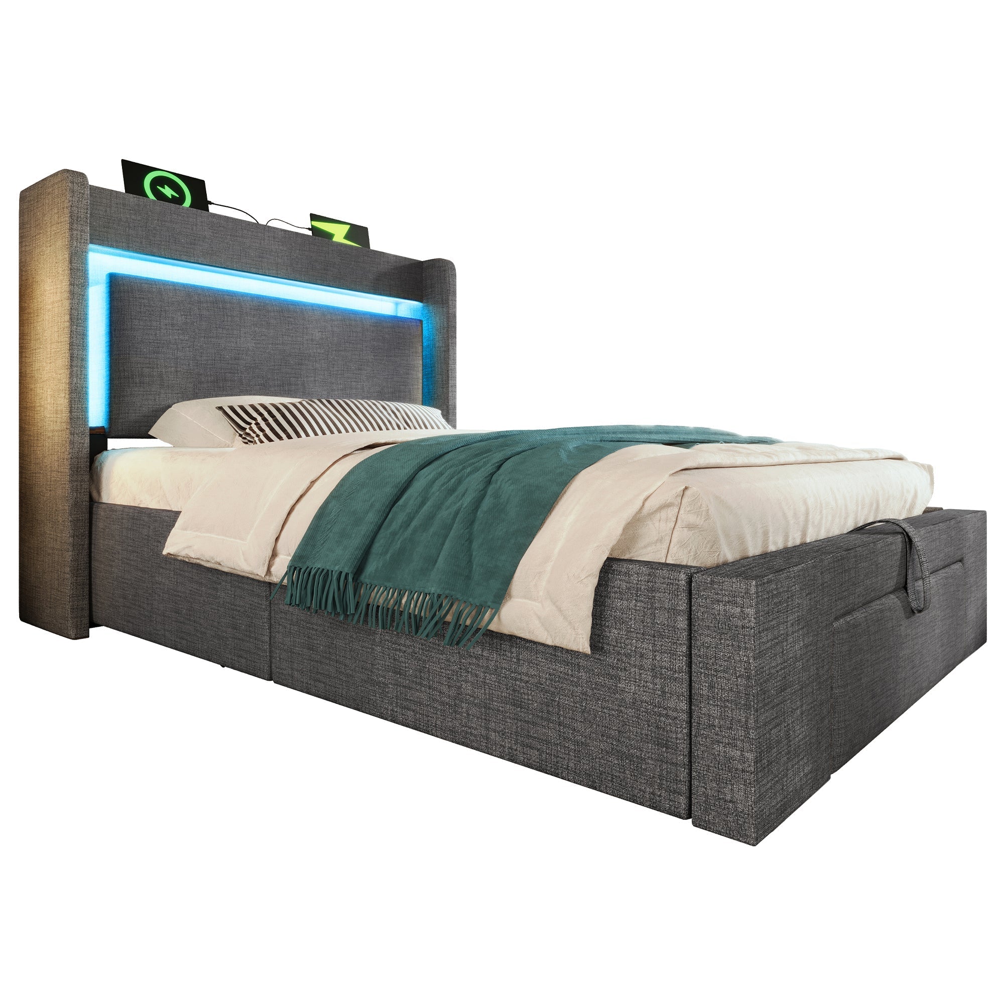 Upholstered Bed 90x200cm Hydraulic Storage Headboard LED USB/Type-C Ports Linen Grey (With Mattress)