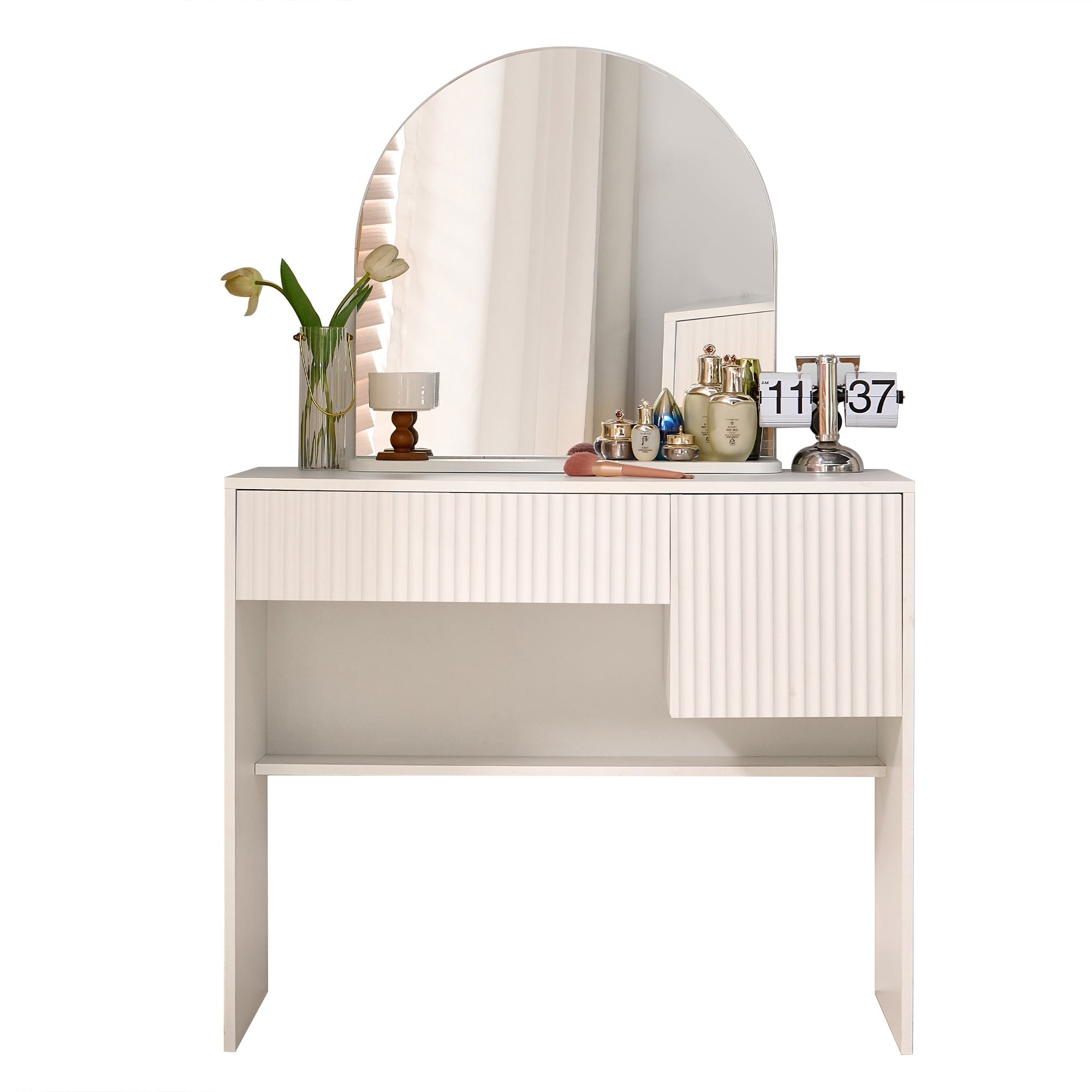 Dressing Table with Mirror, Drawers & Open Shelves - White